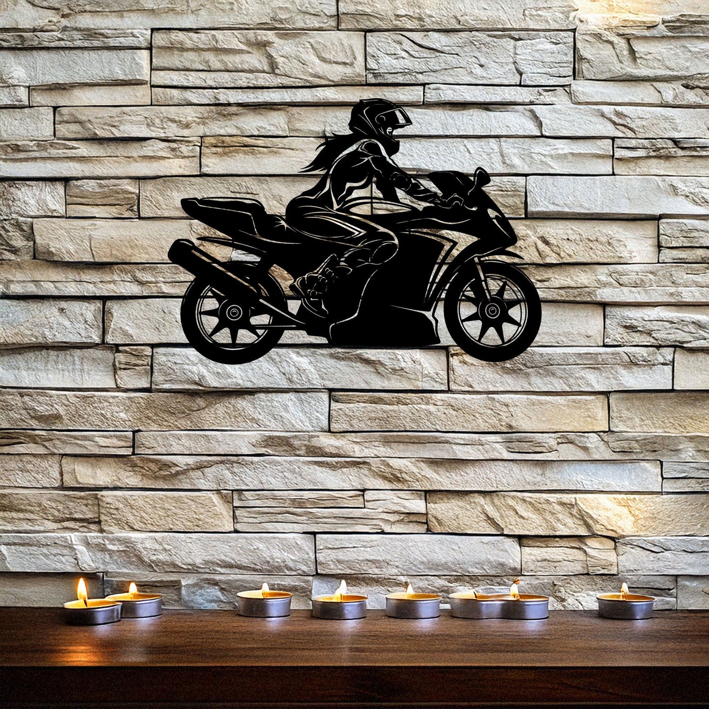 Moto Girl Silhouette Laser Cut Metal Wall Art - Black Modern Motorcycle Decor - 3 Sizes for Stylish Home or Gift