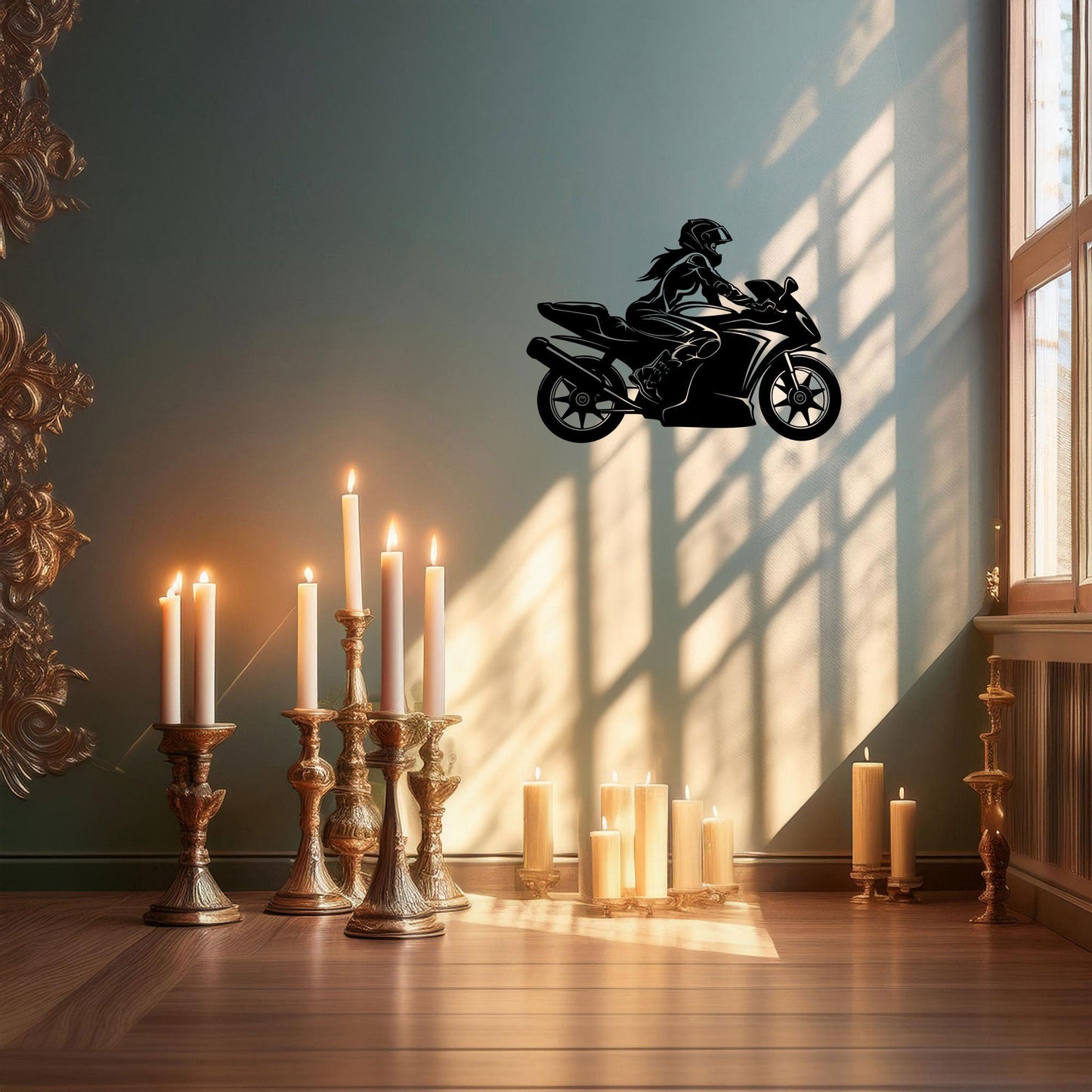 Moto Girl Silhouette Laser Cut Metal Wall Art - Black Modern Motorcycle Decor - 3 Sizes for Stylish Home or Gift