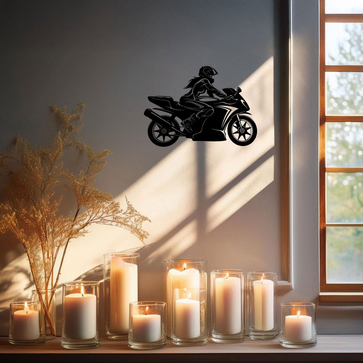 Moto Girl Silhouette Laser Cut Metal Wall Art - Black Modern Motorcycle Decor - 3 Sizes for Stylish Home or Gift
