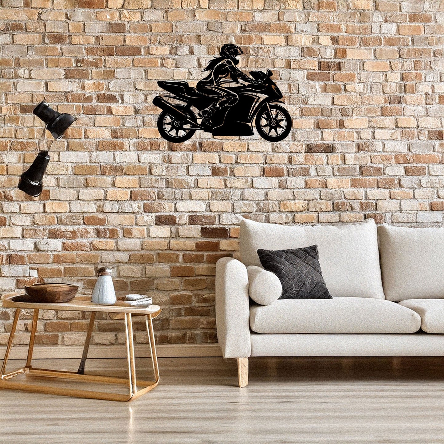 Moto Girl Silhouette Laser Cut Metal Wall Art - Black Modern Motorcycle Decor - 3 Sizes for Stylish Home or Gift