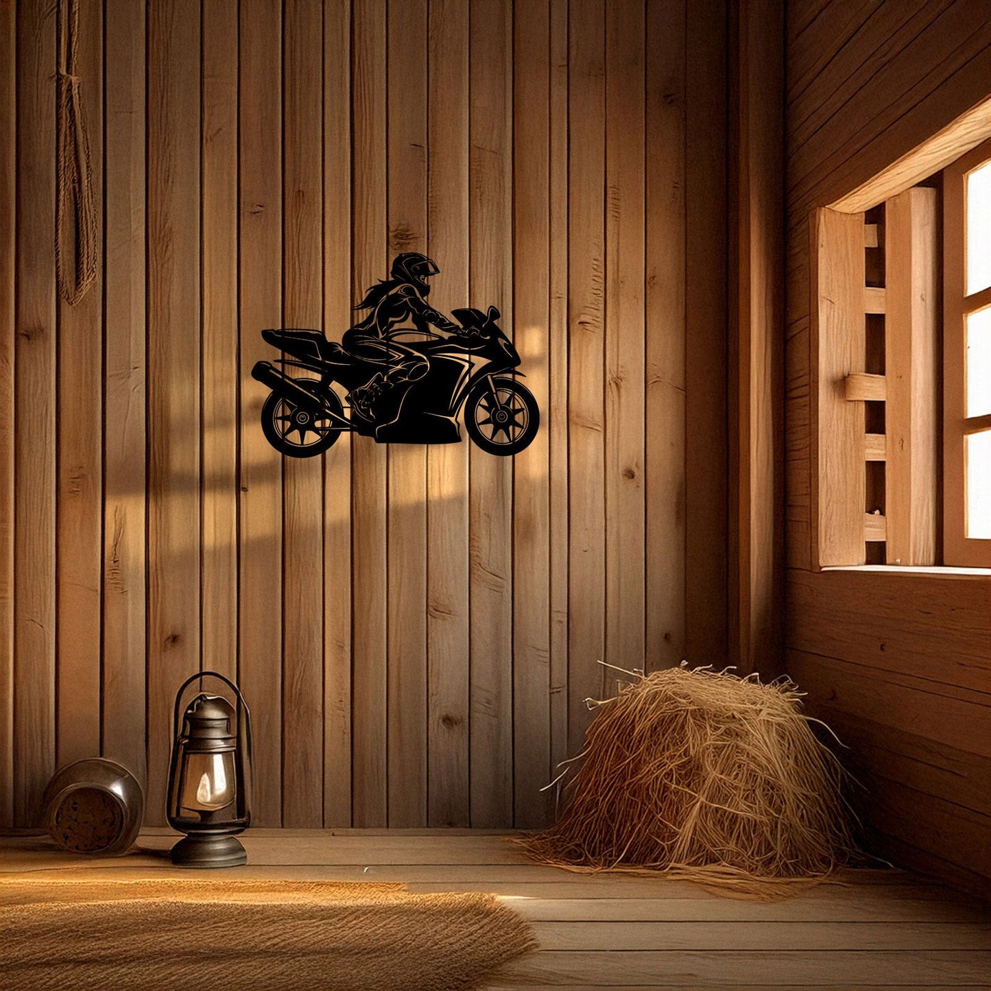 Moto Girl Silhouette Laser Cut Metal Wall Art - Black Modern Motorcycle Decor - 3 Sizes for Stylish Home or Gift