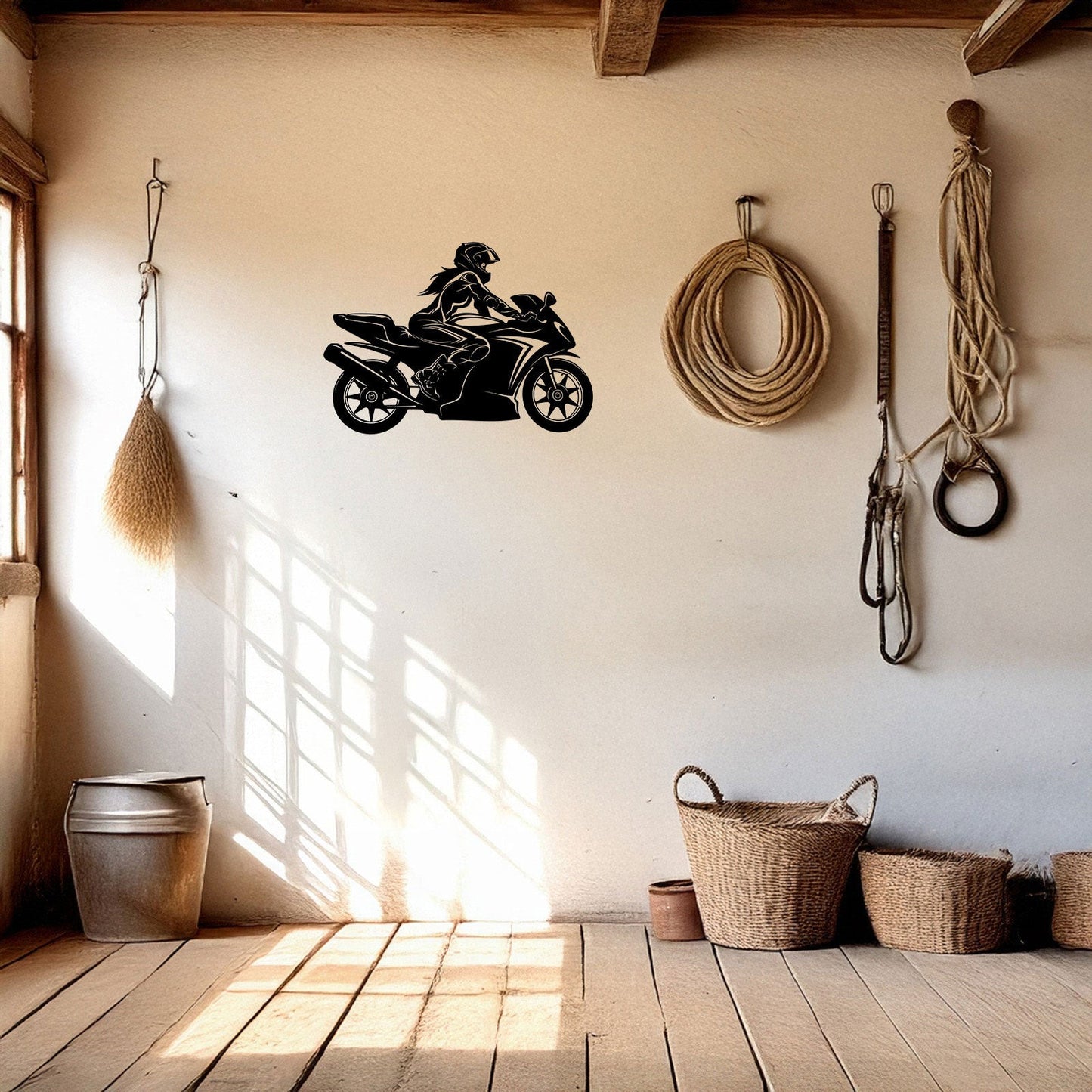 Moto Girl Silhouette Laser Cut Metal Wall Art - Black Modern Motorcycle Decor - 3 Sizes for Stylish Home or Gift