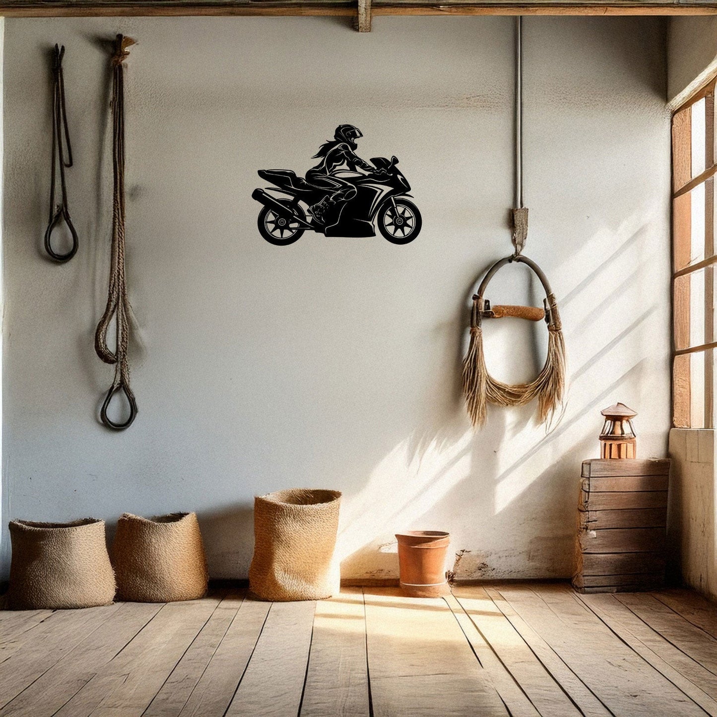 Moto Girl Silhouette Laser Cut Metal Wall Art - Black Modern Motorcycle Decor - 3 Sizes for Stylish Home or Gift