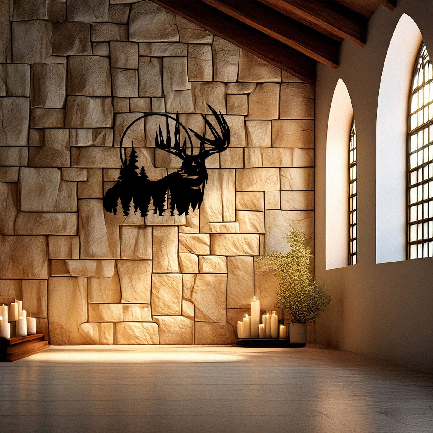 Deer and Forest Laser Cut Metal Wall Decor, Black Rustic Metal Art, Woodland Home Decor, Nature Wall Art Gift, 3 Sizes Available