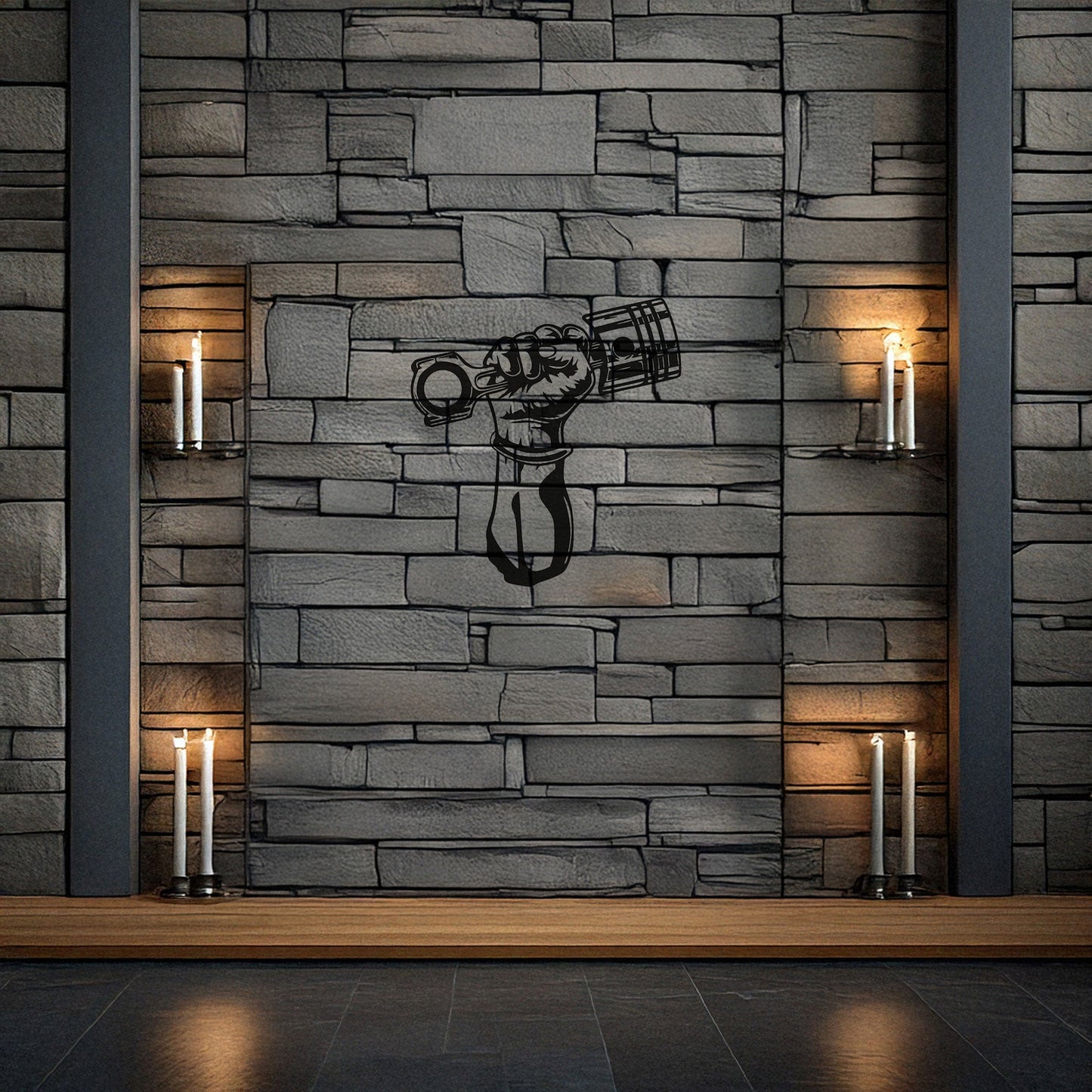 Hand Holding Piston Metal Wall Decor - Black Laser Cut Art, Automotive Enthusiast Gift, 3 Sizes for Garage or Man Cave