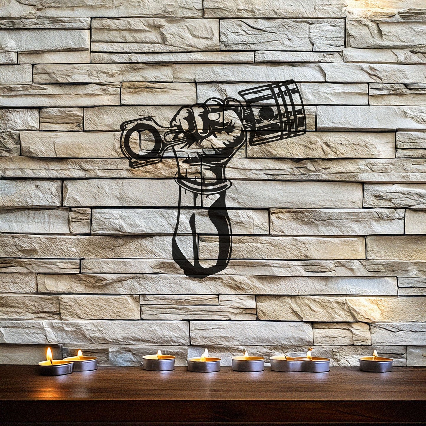 Hand Holding Piston Metal Wall Decor - Black Laser Cut Art, Automotive Enthusiast Gift, 3 Sizes for Garage or Man Cave