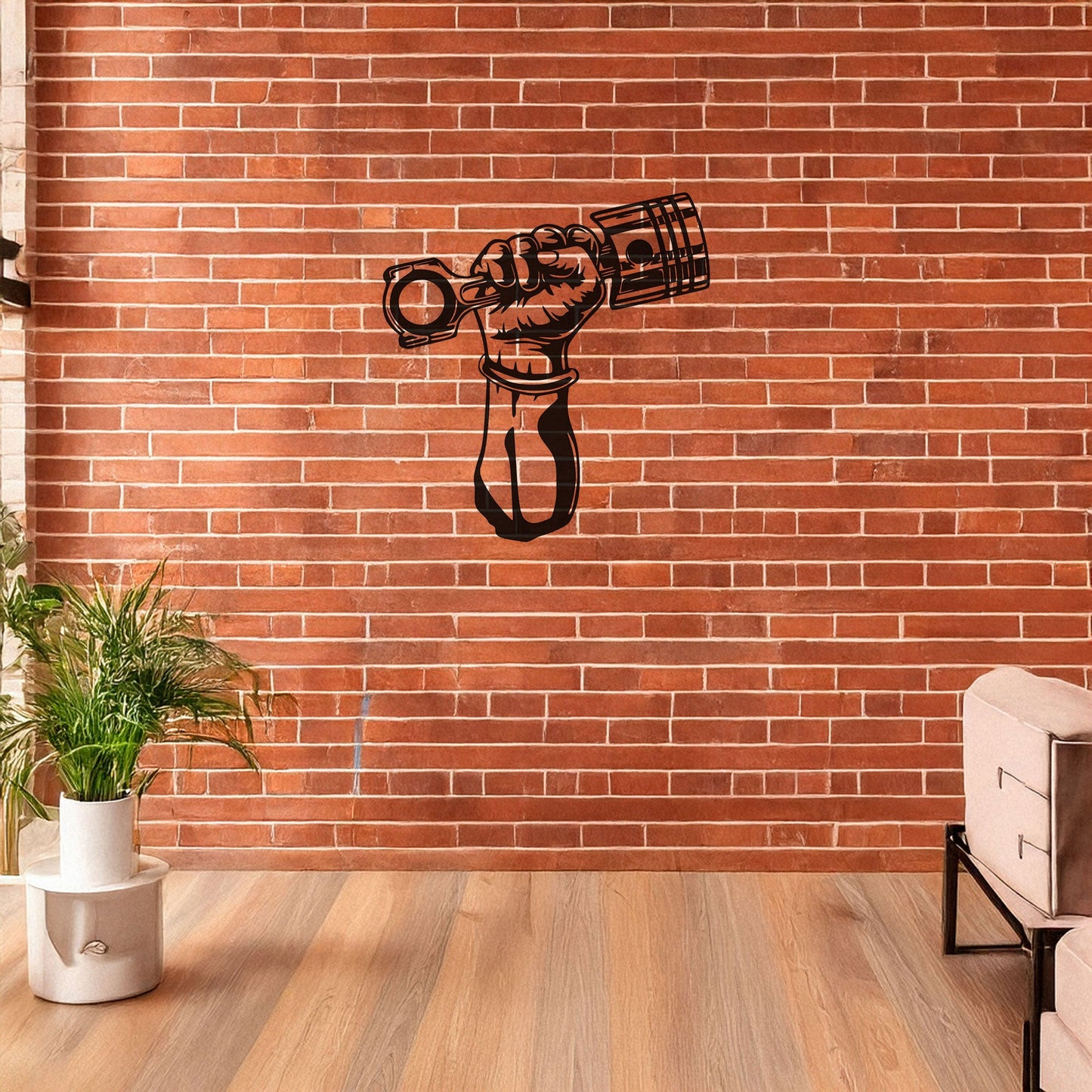 Hand Holding Piston Metal Wall Decor - Black Laser Cut Art, Automotive Enthusiast Gift, 3 Sizes for Garage or Man Cave