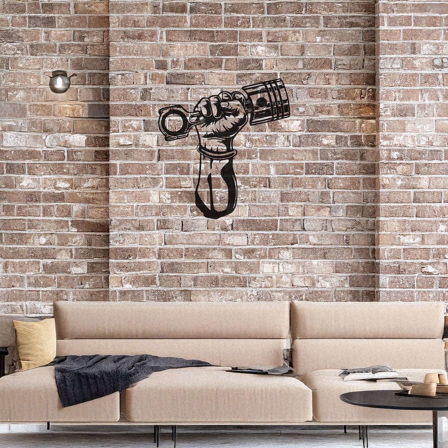 Hand Holding Piston Metal Wall Decor - Black Laser Cut Art, Automotive Enthusiast Gift, 3 Sizes for Garage or Man Cave