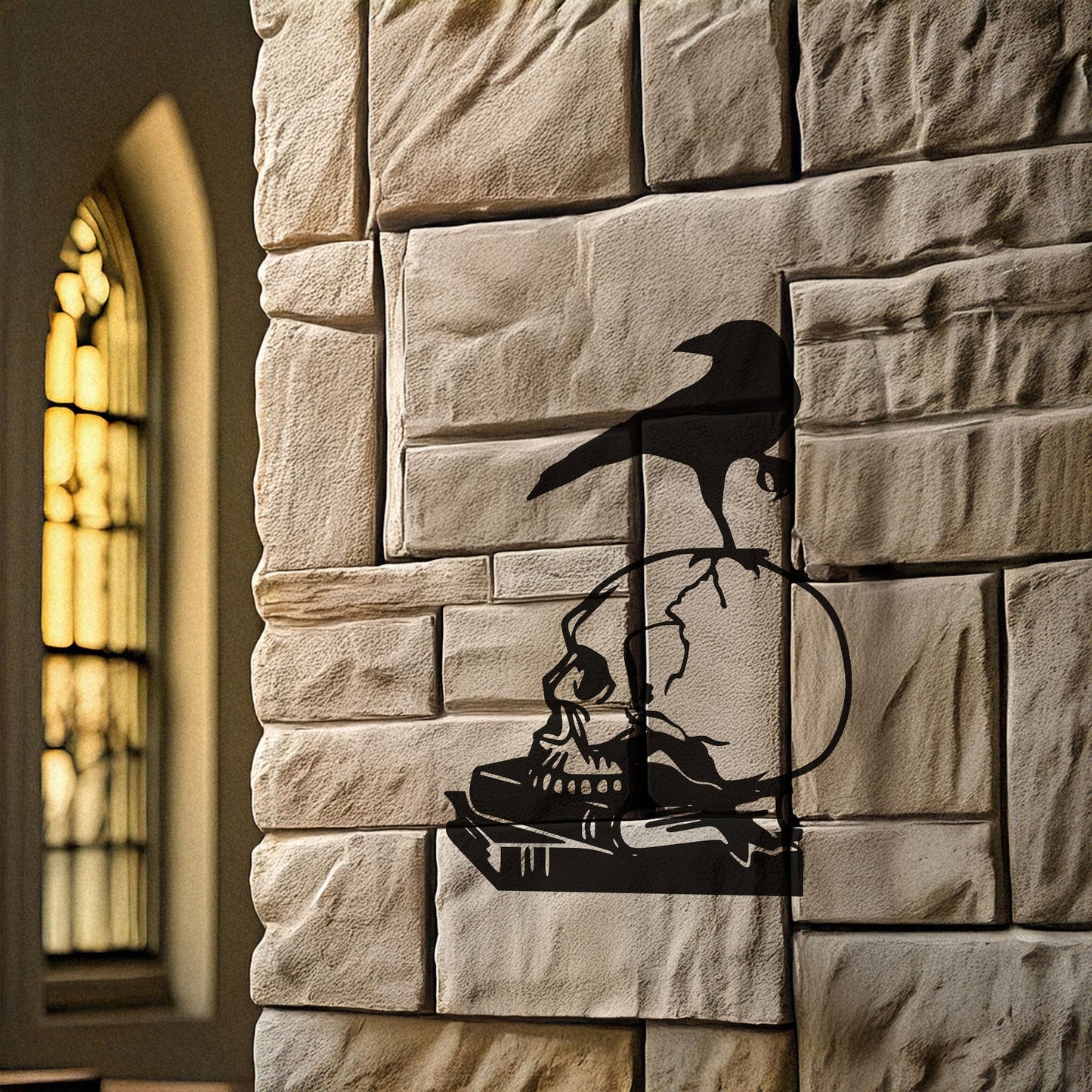 Skull and Crow Laser Cut Metal Wall Art - Gothic Home Decor Gift, Black Metal Decor for Halloween, Three Sizes Available