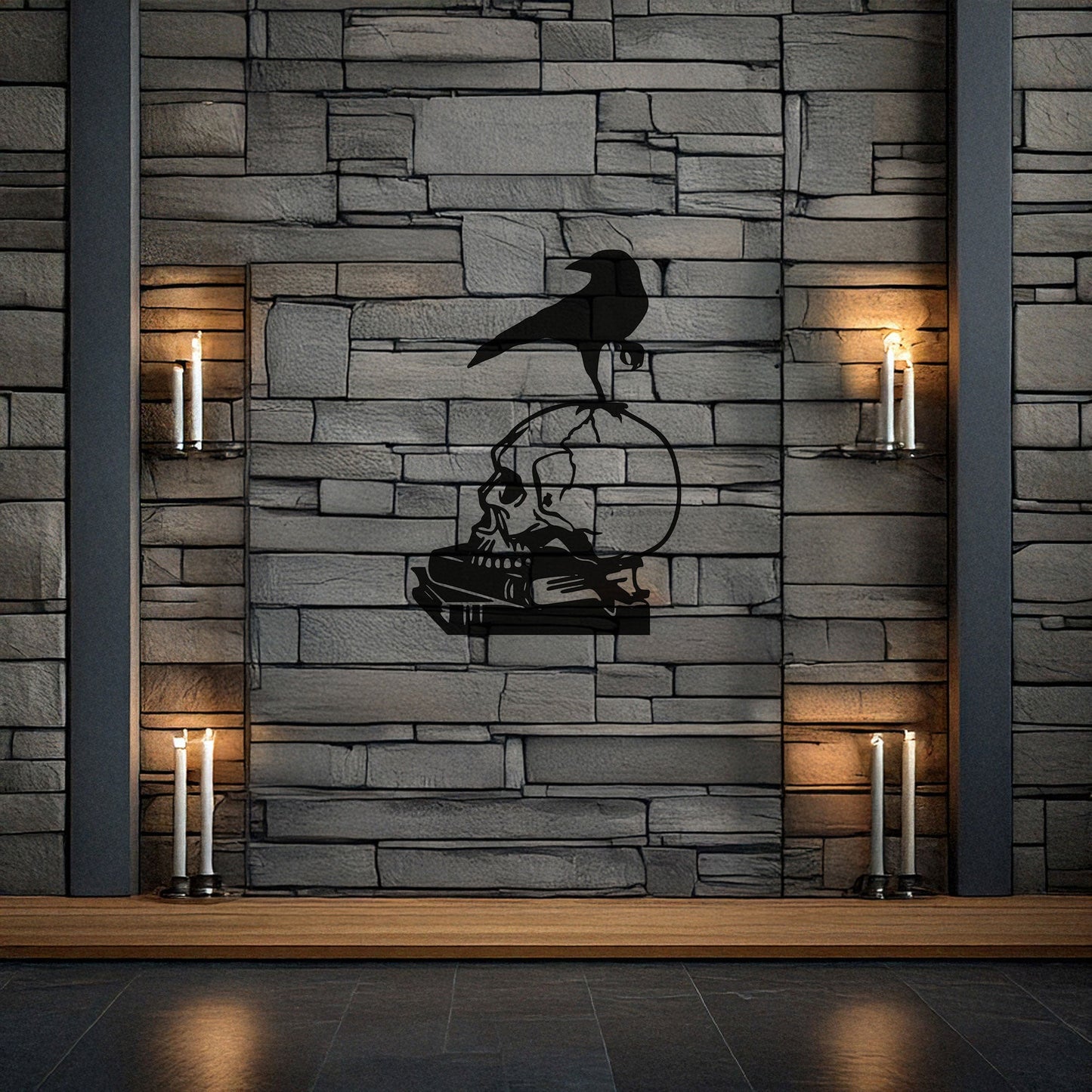 Skull and Crow Laser Cut Metal Wall Art - Gothic Home Decor Gift, Black Metal Decor for Halloween, Three Sizes Available