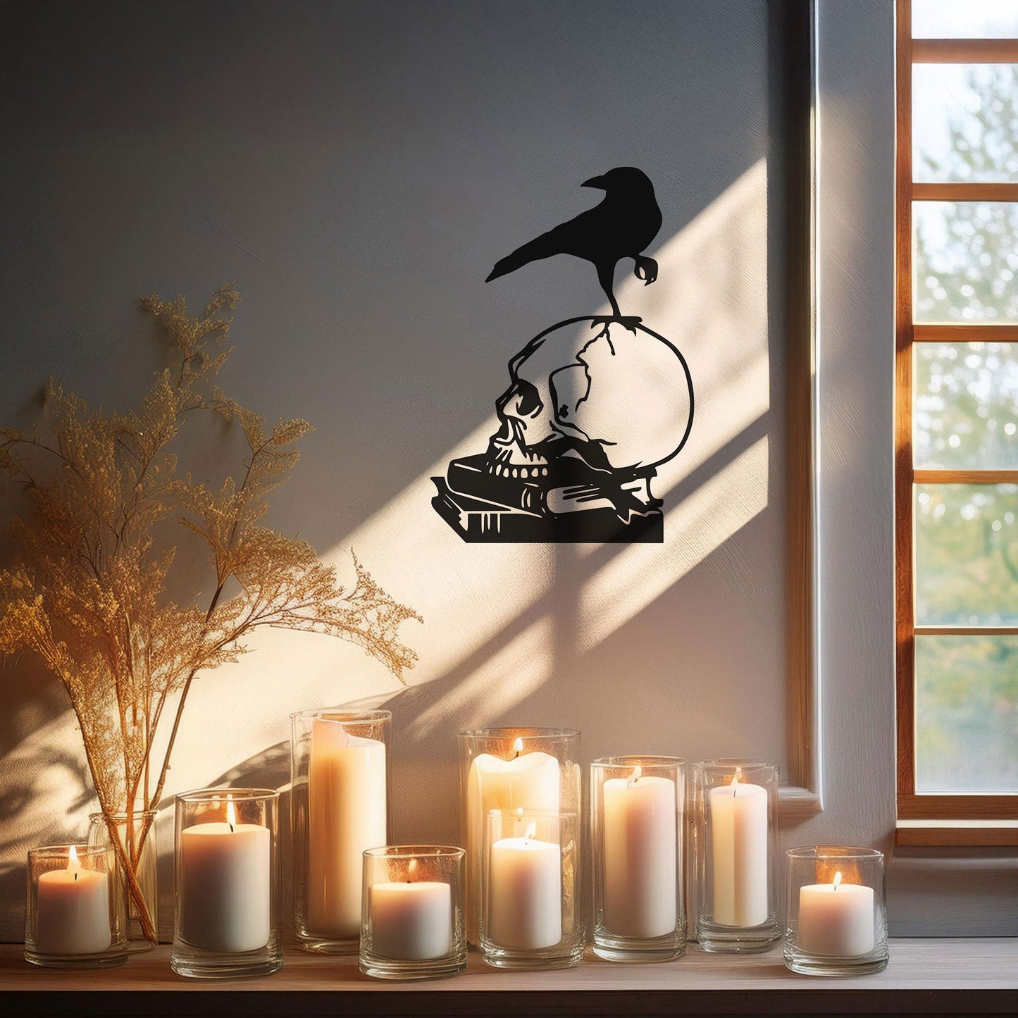 Skull and Crow Laser Cut Metal Wall Art - Gothic Home Decor Gift, Black Metal Decor for Halloween, Three Sizes Available