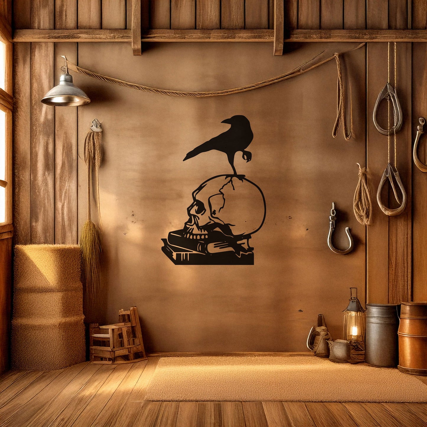 Skull and Crow Laser Cut Metal Wall Art - Gothic Home Decor Gift, Black Metal Decor for Halloween, Three Sizes Available