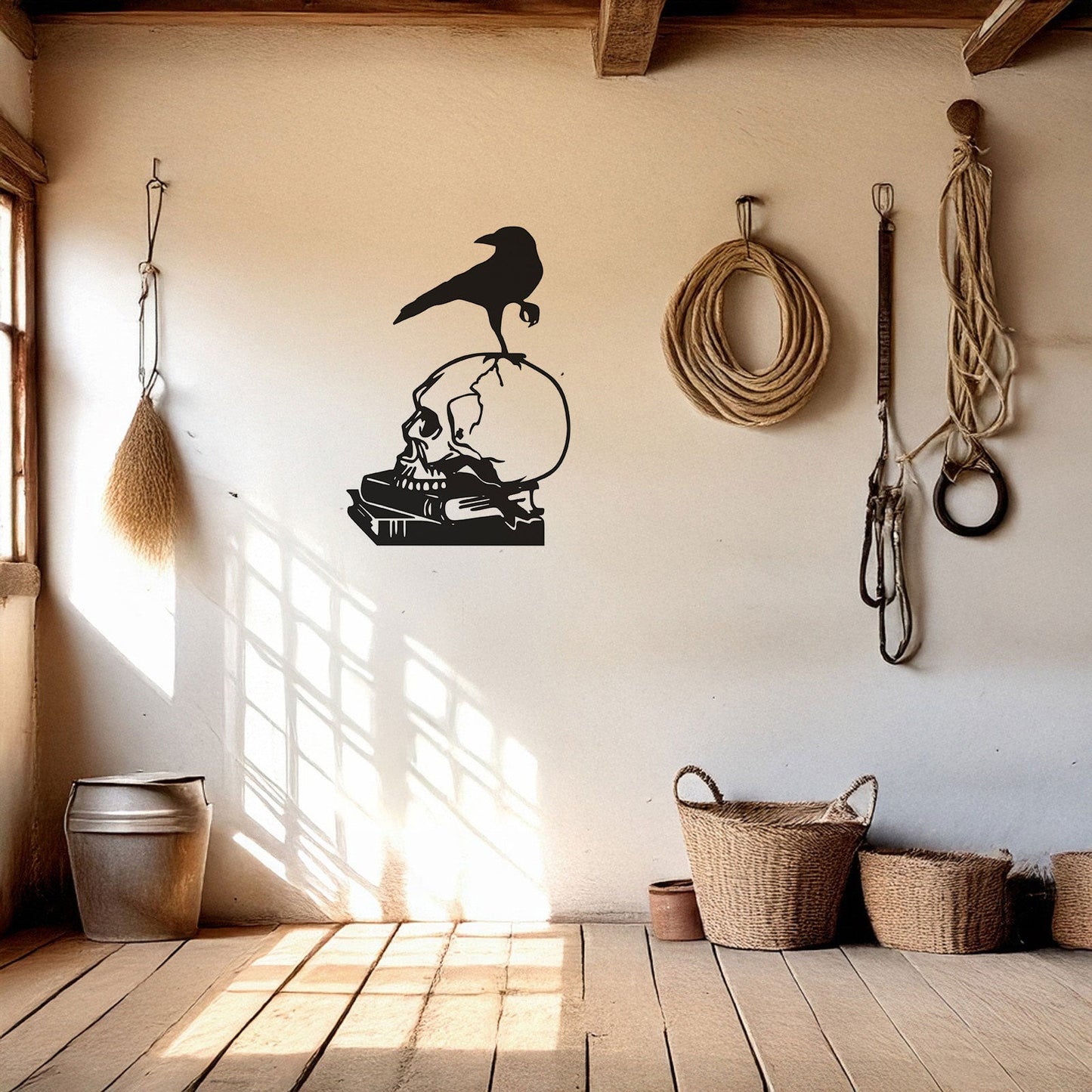 Skull and Crow Laser Cut Metal Wall Art - Gothic Home Decor Gift, Black Metal Decor for Halloween, Three Sizes Available