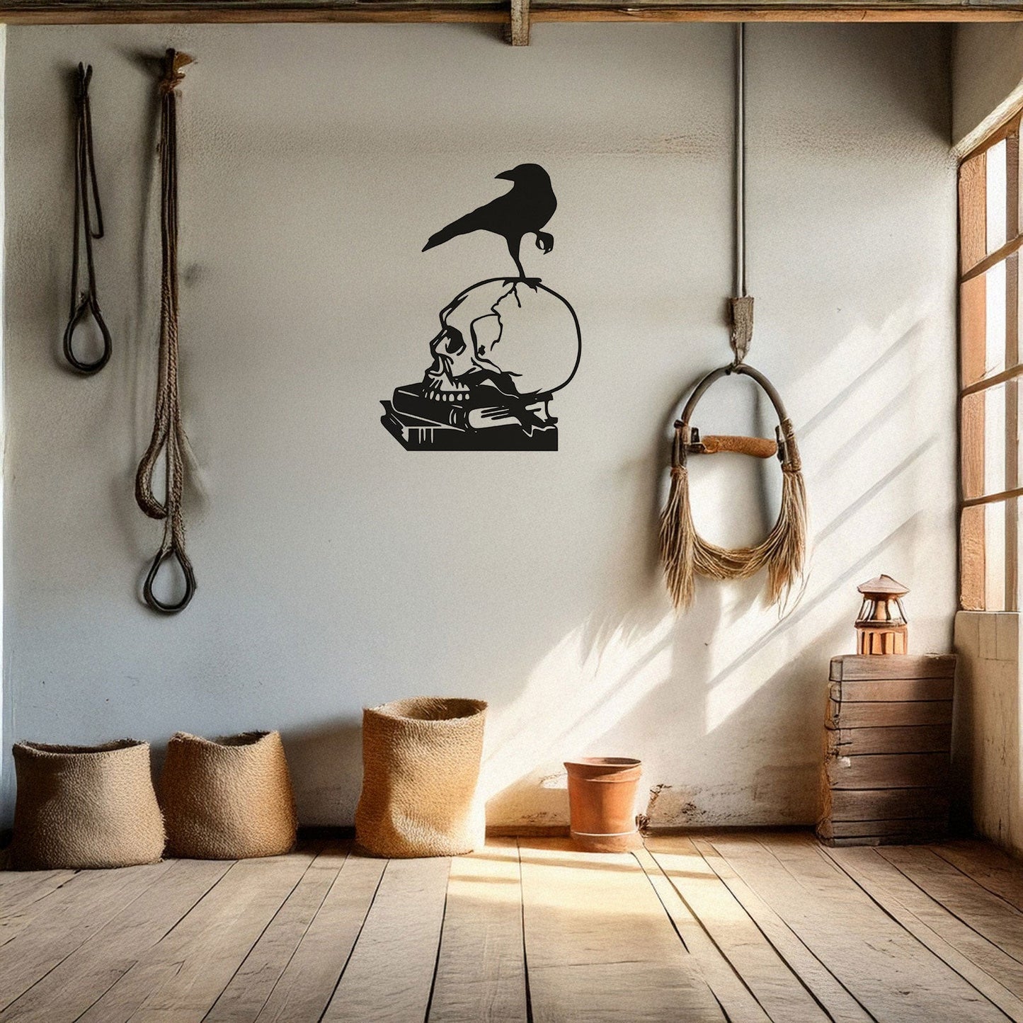 Skull and Crow Laser Cut Metal Wall Art - Gothic Home Decor Gift, Black Metal Decor for Halloween, Three Sizes Available