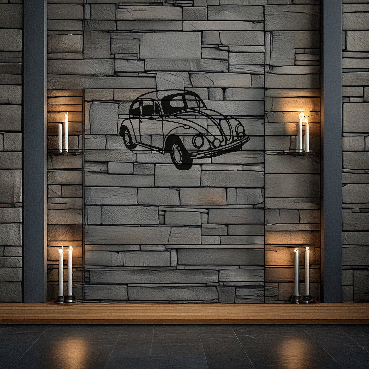 Classic VW Beetle Laser Cut Metal Wall Art - Retro Car Decor Gift, Black Metal Art for Auto Enthusiasts, Three Sizes Available
