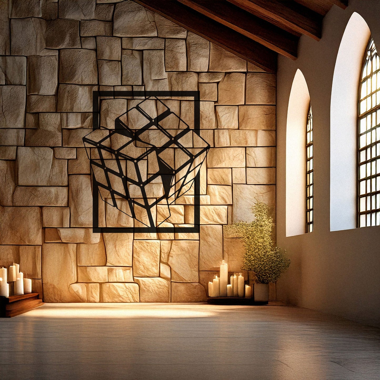 Rubik's Cube Laser Cut Metal Wall Art - Modern Puzzle Decor, Black Metal Cube Design, 3 Sizes for Gamers & Puzzle Lovers