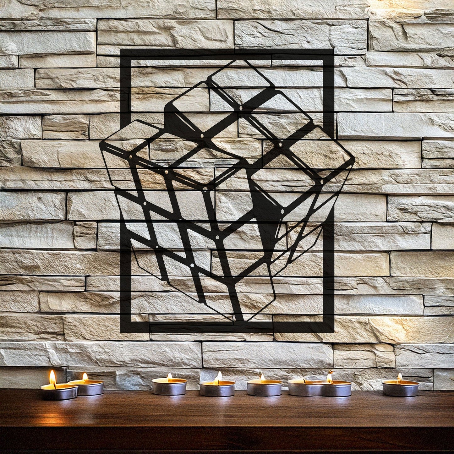 Rubik's Cube Laser Cut Metal Wall Art - Modern Puzzle Decor, Black Metal Cube Design, 3 Sizes for Gamers & Puzzle Lovers