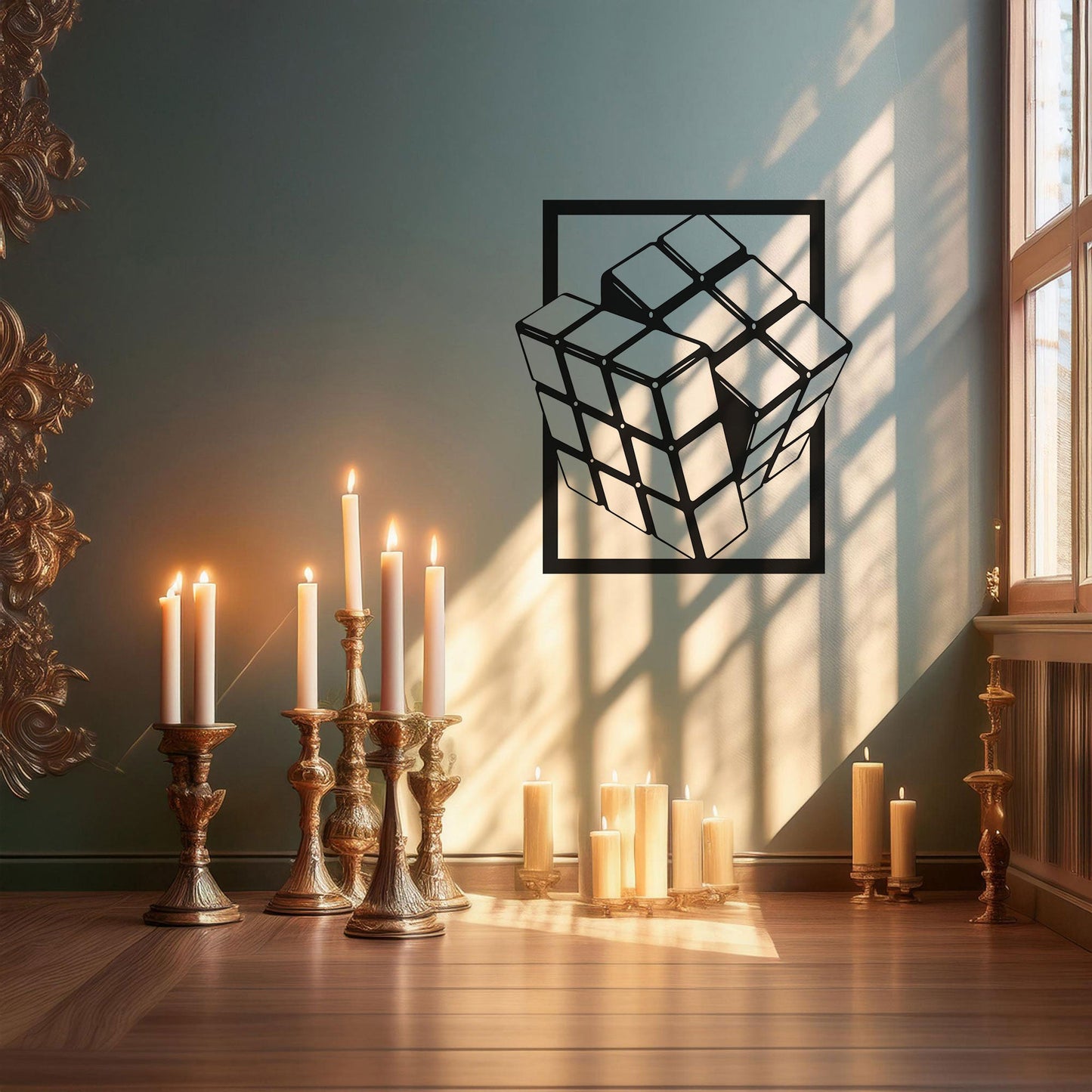 Rubik's Cube Laser Cut Metal Wall Art - Modern Puzzle Decor, Black Metal Cube Design, 3 Sizes for Gamers & Puzzle Lovers