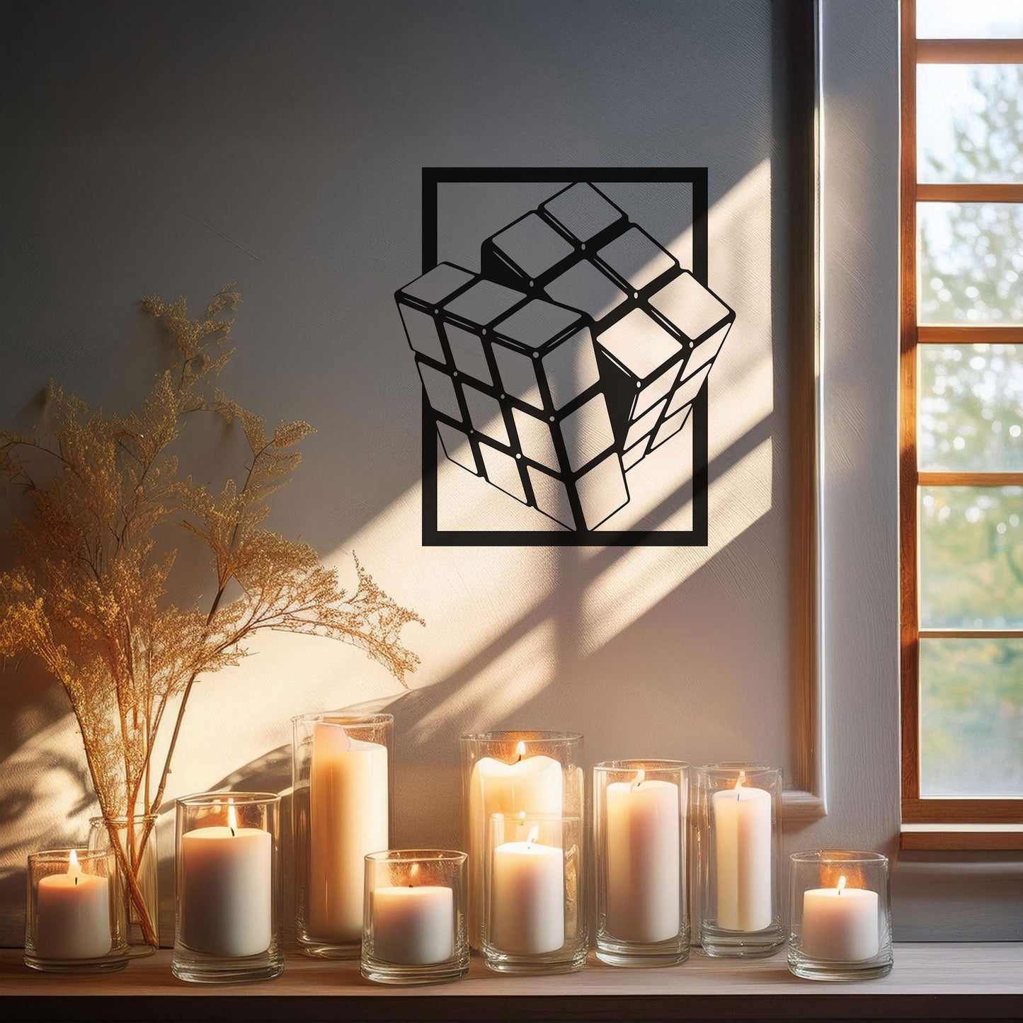 Rubik's Cube Laser Cut Metal Wall Art - Modern Puzzle Decor, Black Metal Cube Design, 3 Sizes for Gamers & Puzzle Lovers