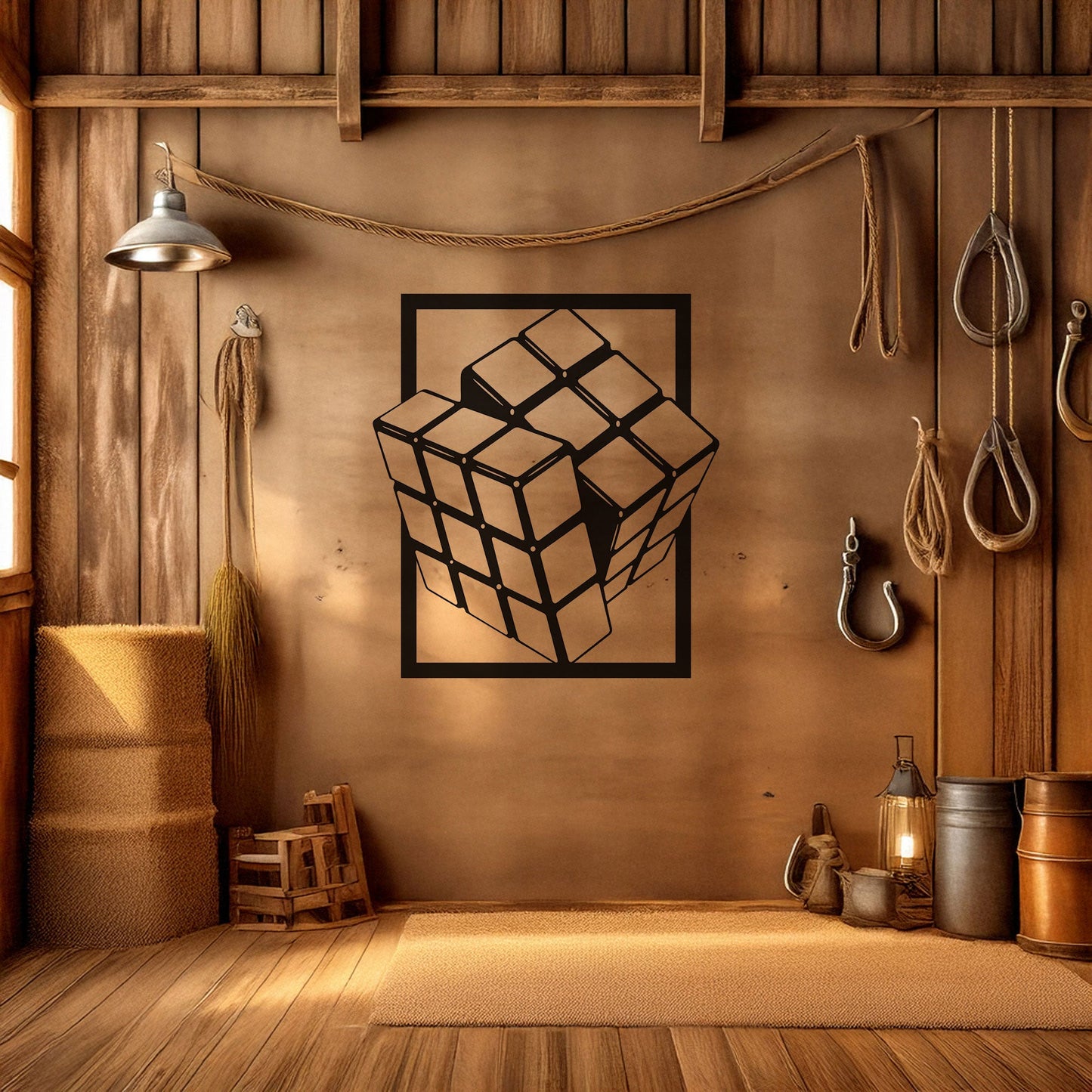 Rubik's Cube Laser Cut Metal Wall Art - Modern Puzzle Decor, Black Metal Cube Design, 3 Sizes for Gamers & Puzzle Lovers