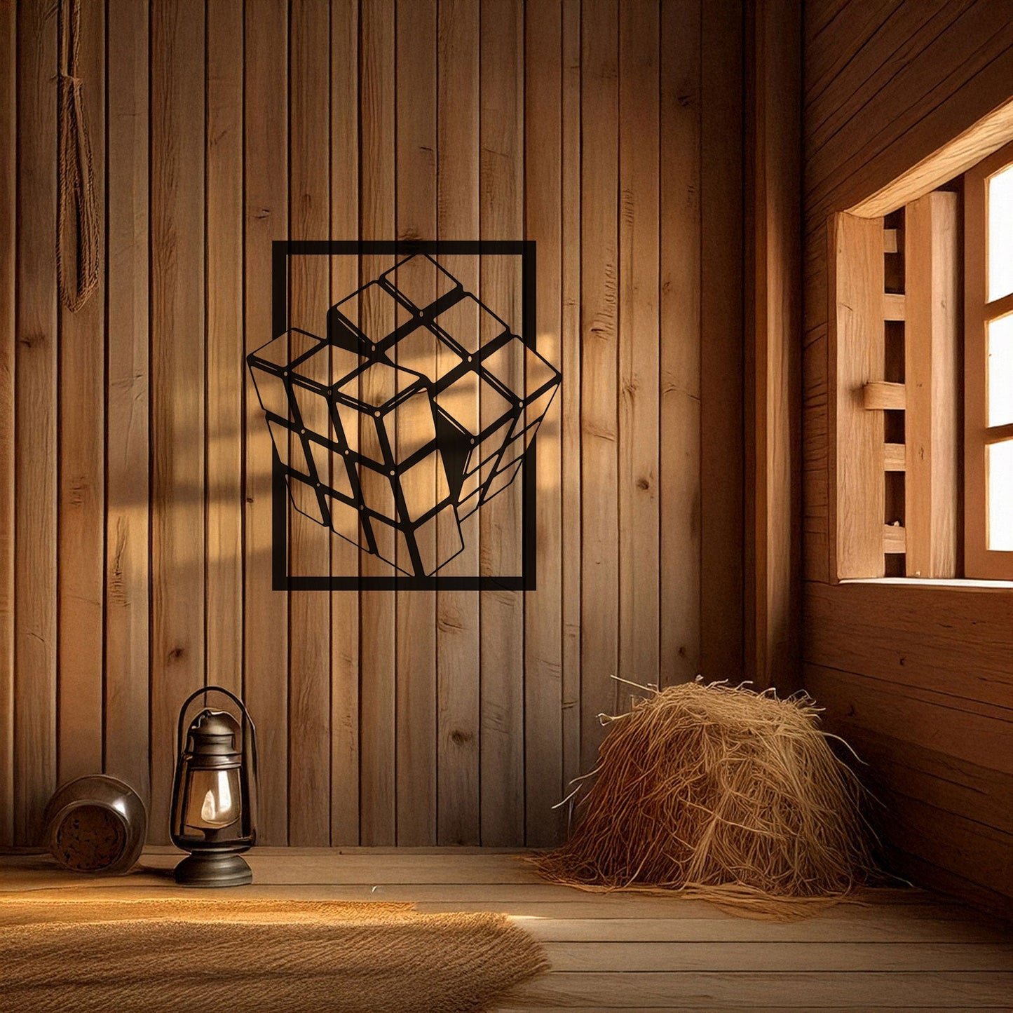 Rubik's Cube Laser Cut Metal Wall Art - Modern Puzzle Decor, Black Metal Cube Design, 3 Sizes for Gamers & Puzzle Lovers