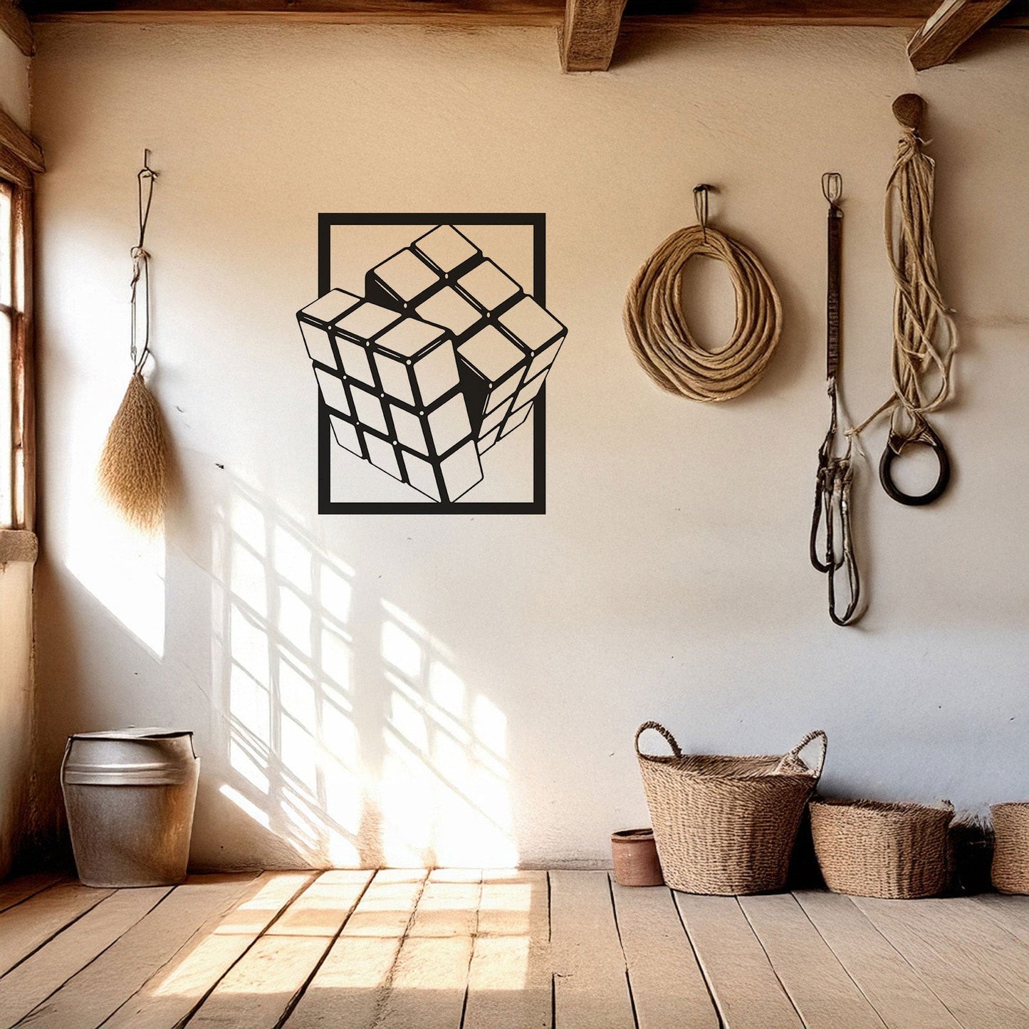 Rubik's Cube Laser Cut Metal Wall Art - Modern Puzzle Decor, Black Metal Cube Design, 3 Sizes for Gamers & Puzzle Lovers