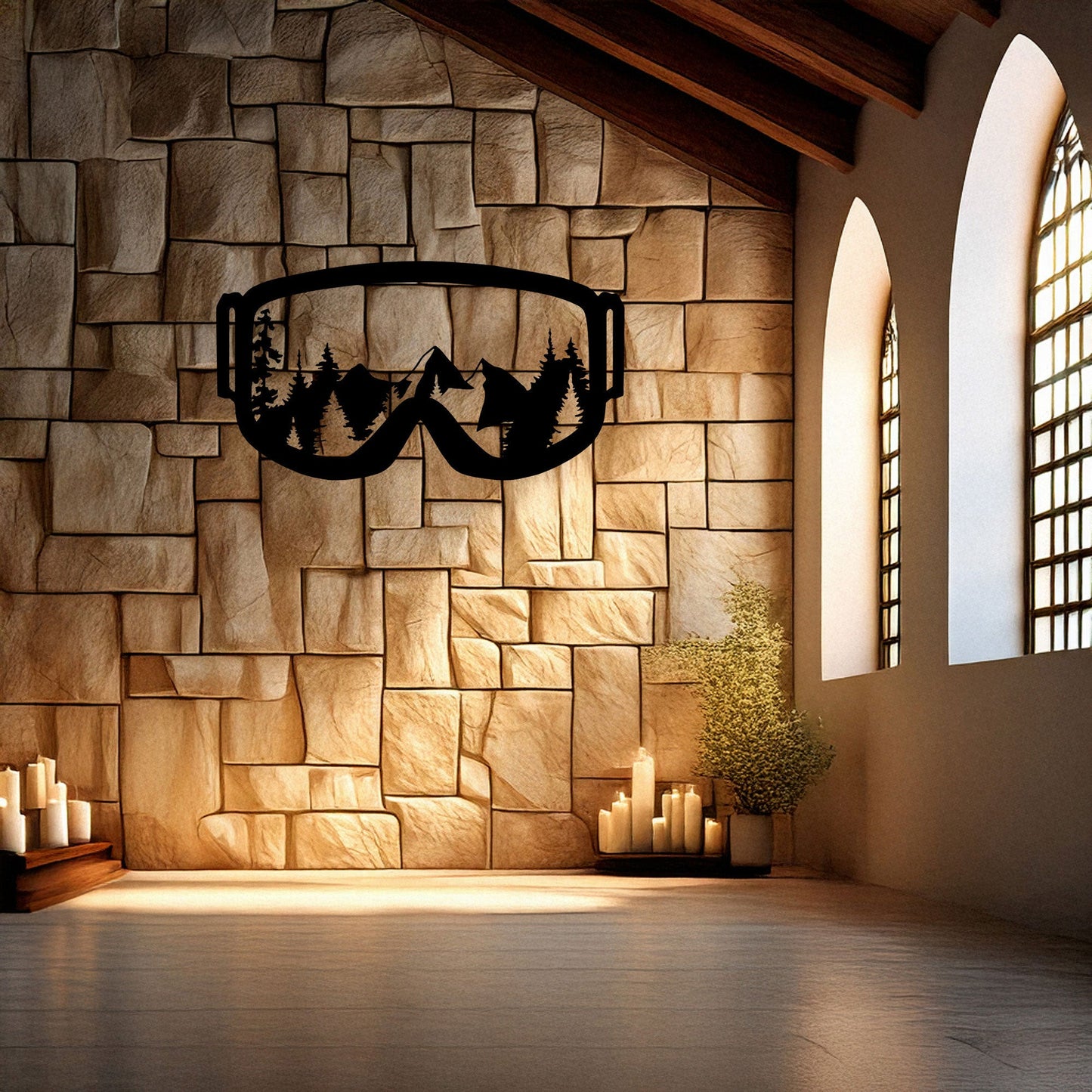 Ski Goggles Laser Cut Metal Wall Art - Mountain View Decor, Black Metal Artwork, Gift for Skiers & Snowboarders, 3 Sizes Available