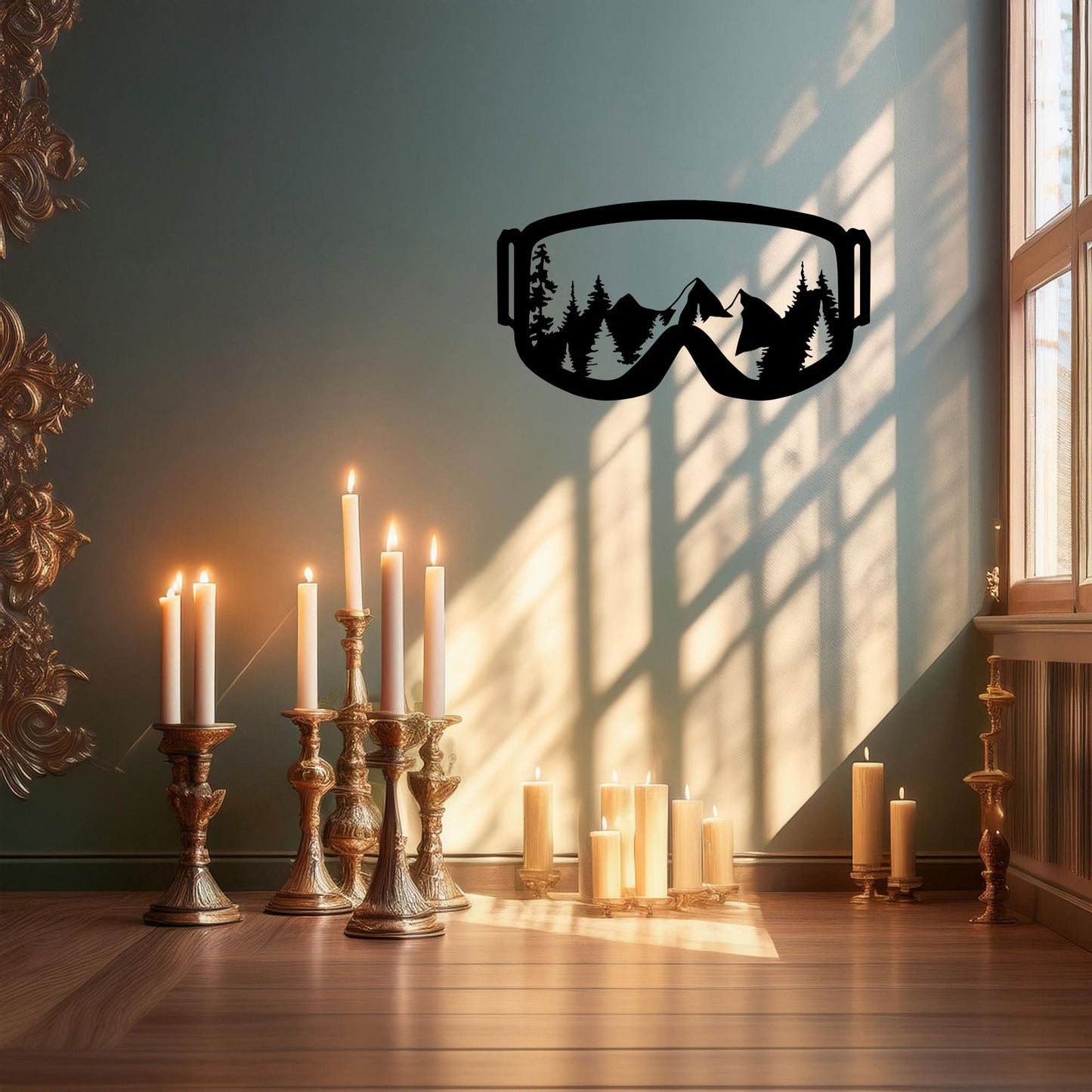 Ski Goggles Laser Cut Metal Wall Art - Mountain View Decor, Black Metal Artwork, Gift for Skiers & Snowboarders, 3 Sizes Available