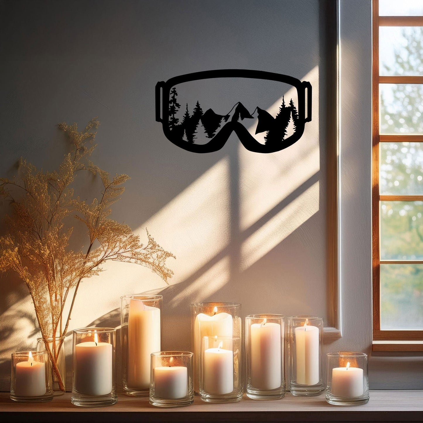 Ski Goggles Laser Cut Metal Wall Art - Mountain View Decor, Black Metal Artwork, Gift for Skiers & Snowboarders, 3 Sizes Available