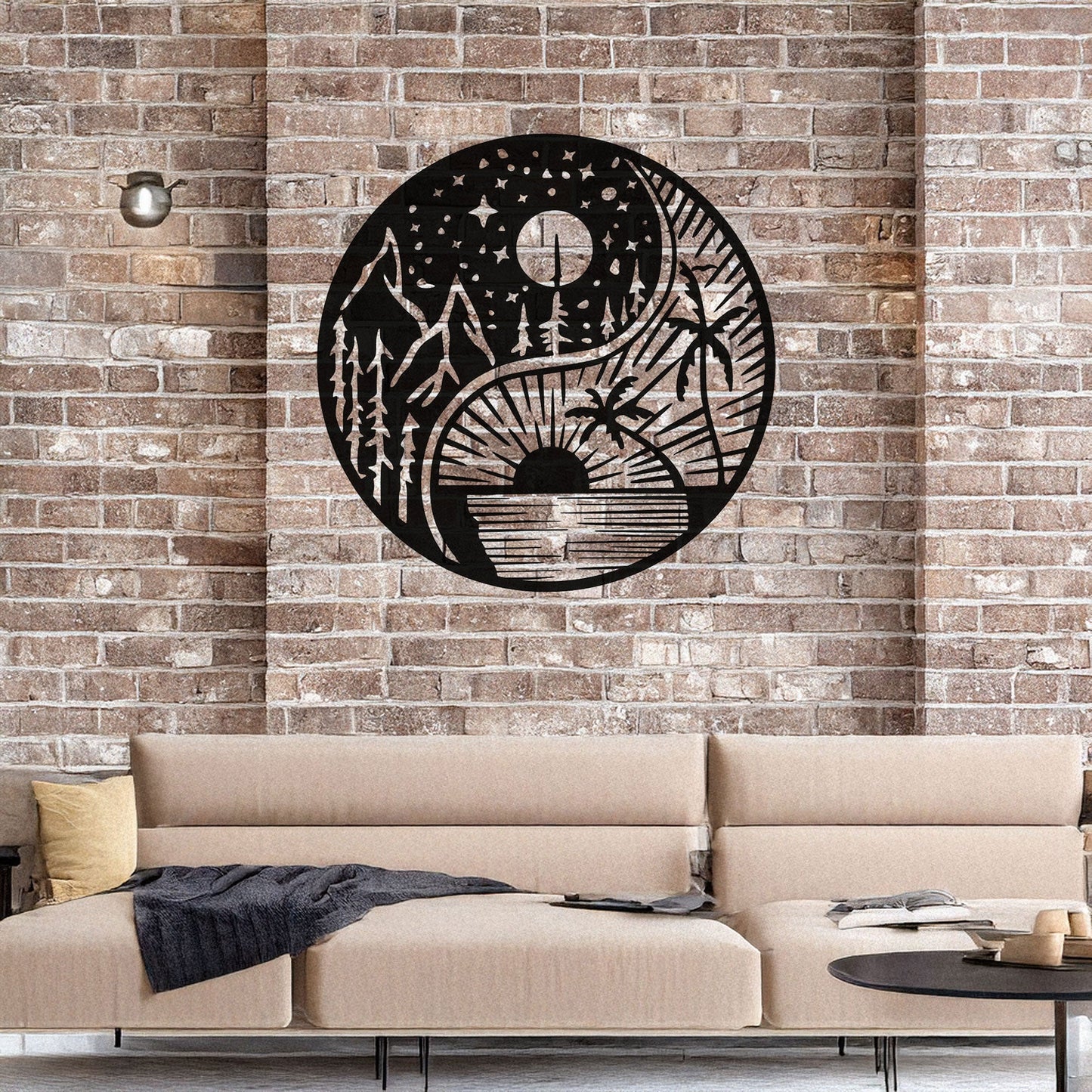 Yin Yang Metal Wall Art - Black Laser Cut Decor with Nature Design, Mountains & Sunset, 3 Sizes for Modern Home Style