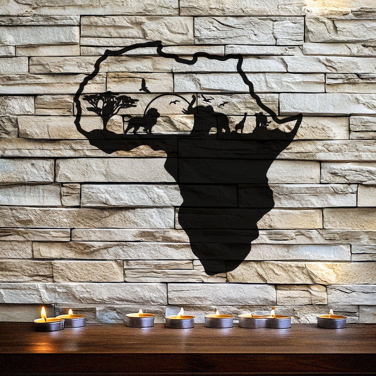 African Continent Safari Laser Cut Metal Wall Art - Black Wildlife Decor in 3 Sizes, Unique Gift for Safari Lovers