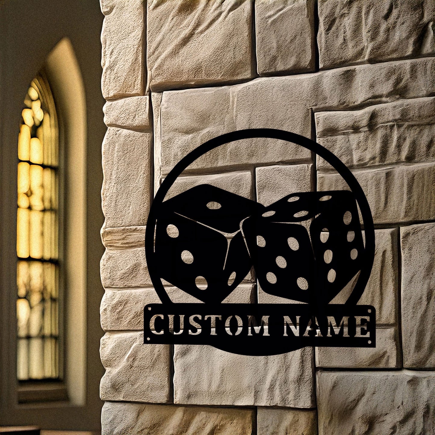 Customizable Dice Laser Cut Metal Wall Art - Black Metal Decor with Custom Name Plate, Perfect Gift for Game Lovers
