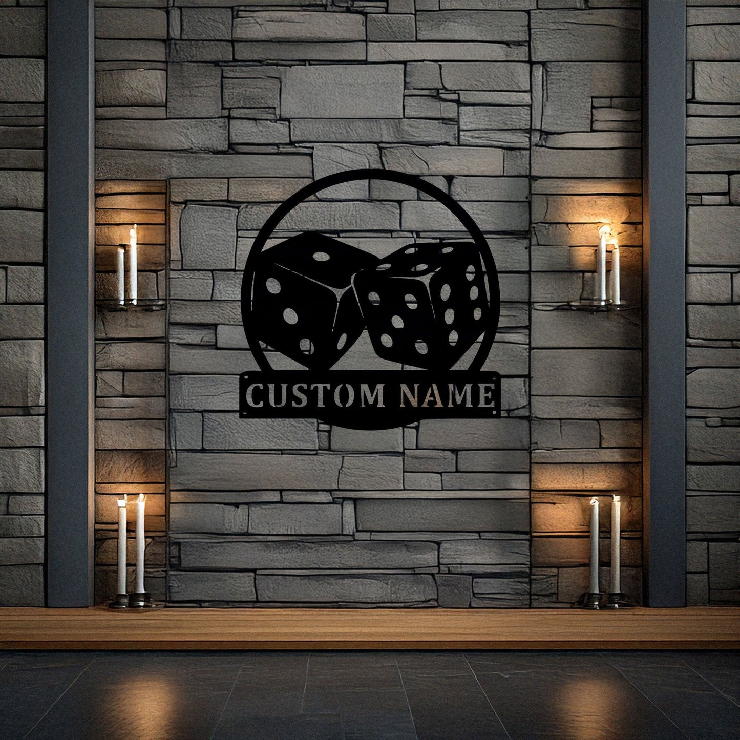 Customizable Dice Laser Cut Metal Wall Art - Black Metal Decor with Custom Name Plate, Perfect Gift for Game Lovers