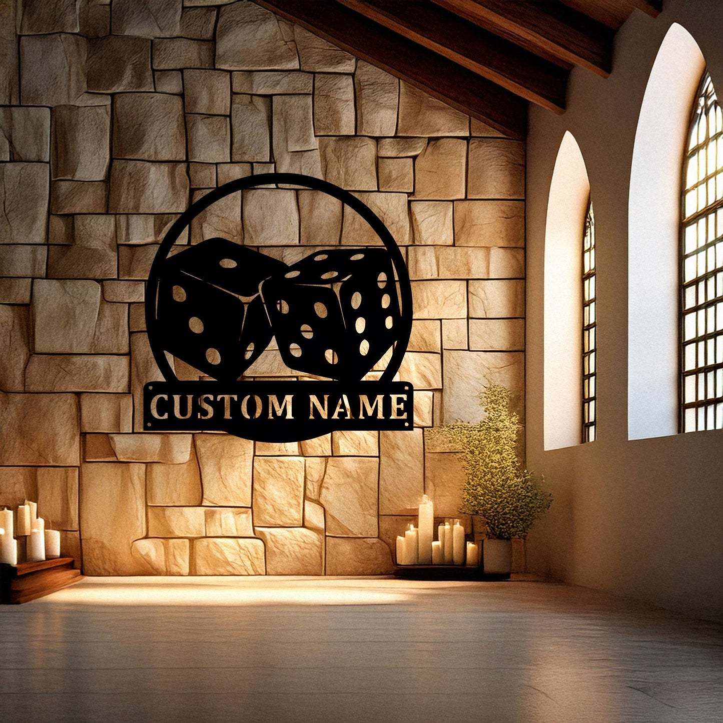 Customizable Dice Laser Cut Metal Wall Art - Black Metal Decor with Custom Name Plate, Perfect Gift for Game Lovers