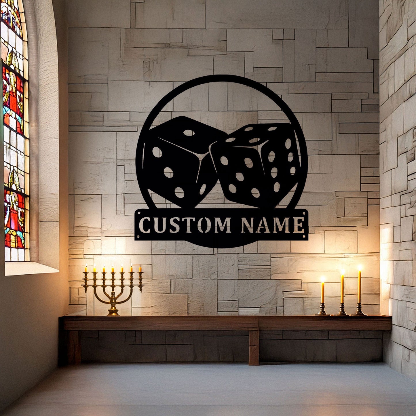 Customizable Dice Laser Cut Metal Wall Art - Black Metal Decor with Custom Name Plate, Perfect Gift for Game Lovers