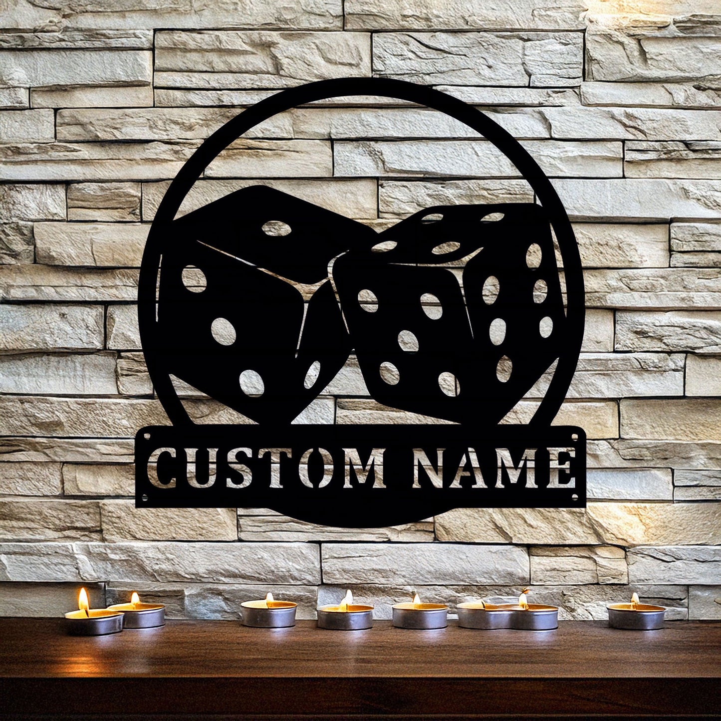 Customizable Dice Laser Cut Metal Wall Art - Black Metal Decor with Custom Name Plate, Perfect Gift for Game Lovers
