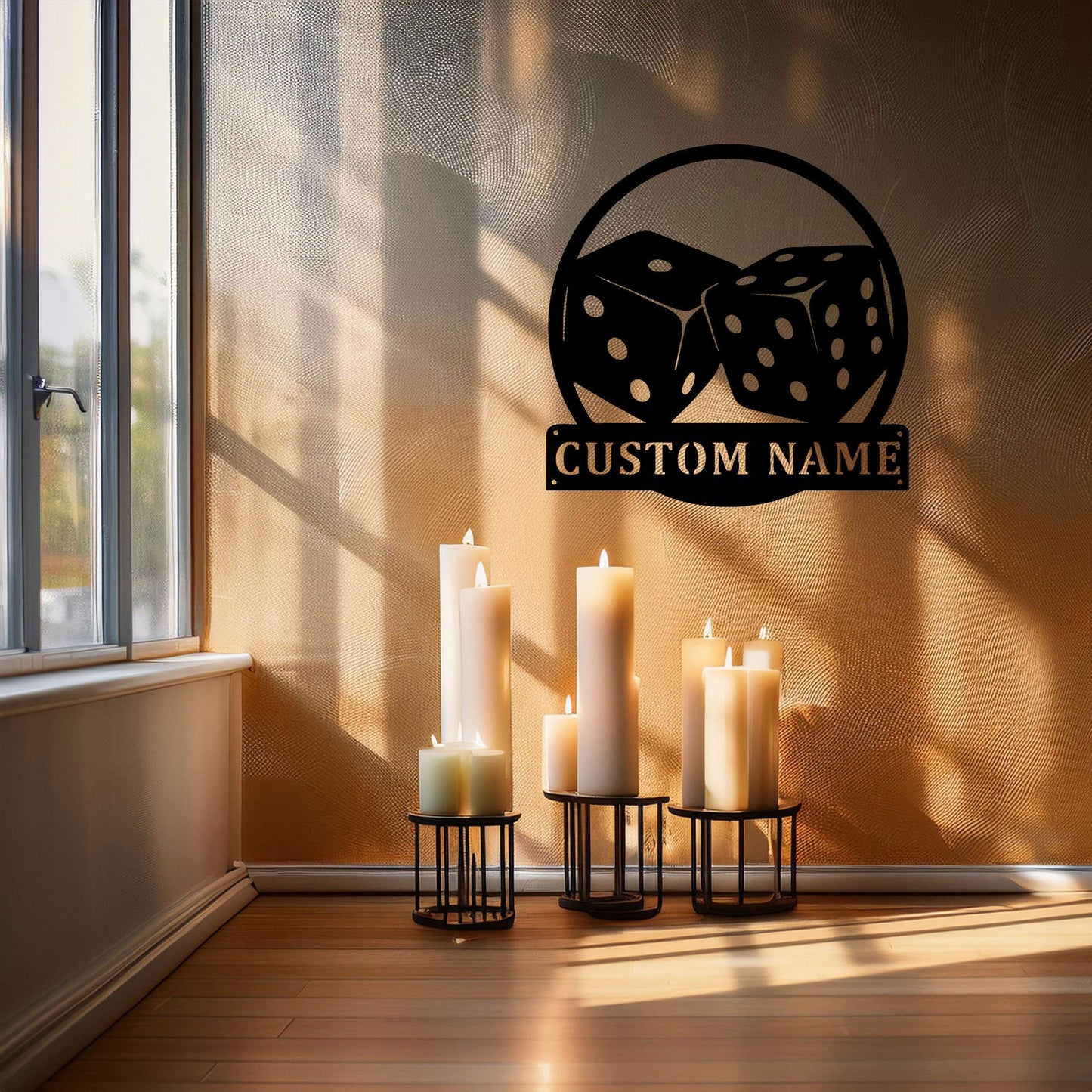 Customizable Dice Laser Cut Metal Wall Art - Black Metal Decor with Custom Name Plate, Perfect Gift for Game Lovers