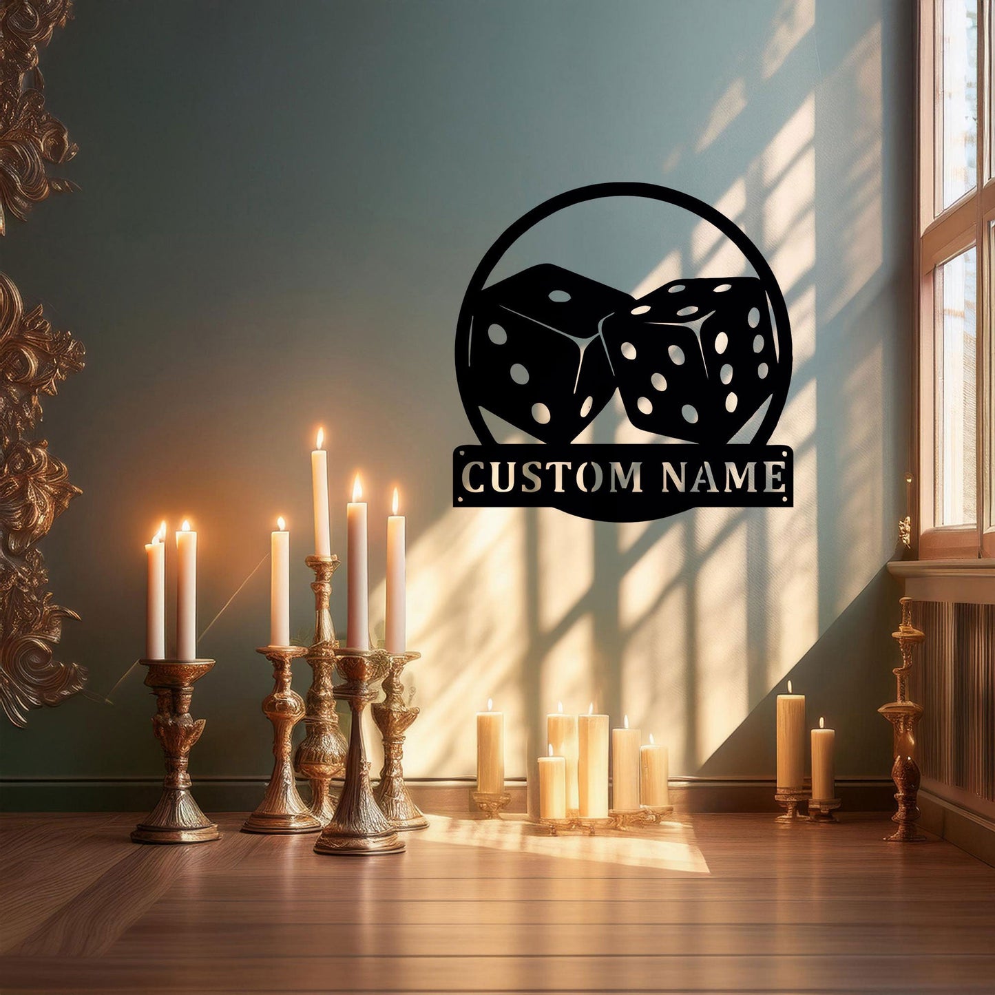 Customizable Dice Laser Cut Metal Wall Art - Black Metal Decor with Custom Name Plate, Perfect Gift for Game Lovers