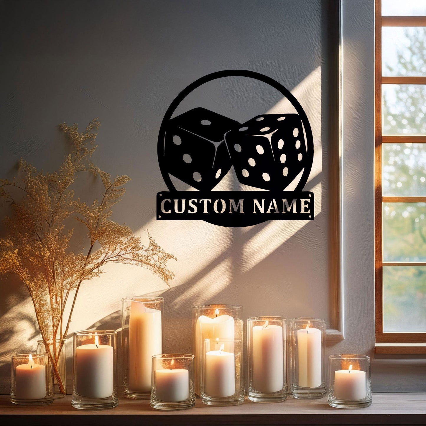 Customizable Dice Laser Cut Metal Wall Art - Black Metal Decor with Custom Name Plate, Perfect Gift for Game Lovers