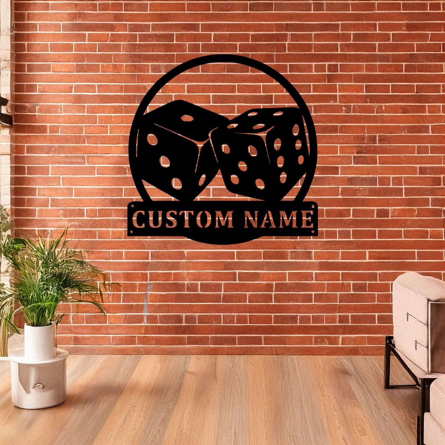 Customizable Dice Laser Cut Metal Wall Art - Black Metal Decor with Custom Name Plate, Perfect Gift for Game Lovers