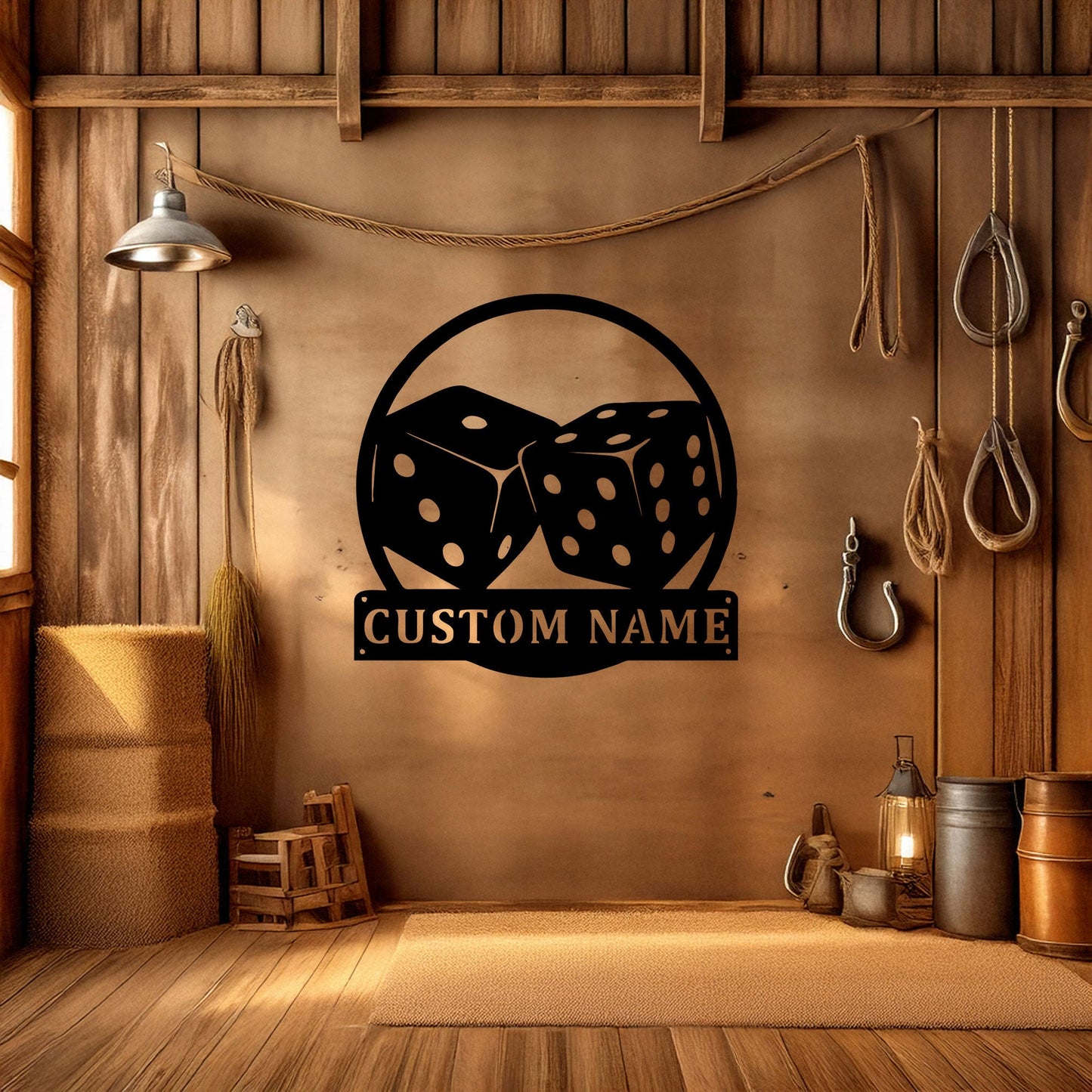 Customizable Dice Laser Cut Metal Wall Art - Black Metal Decor with Custom Name Plate, Perfect Gift for Game Lovers