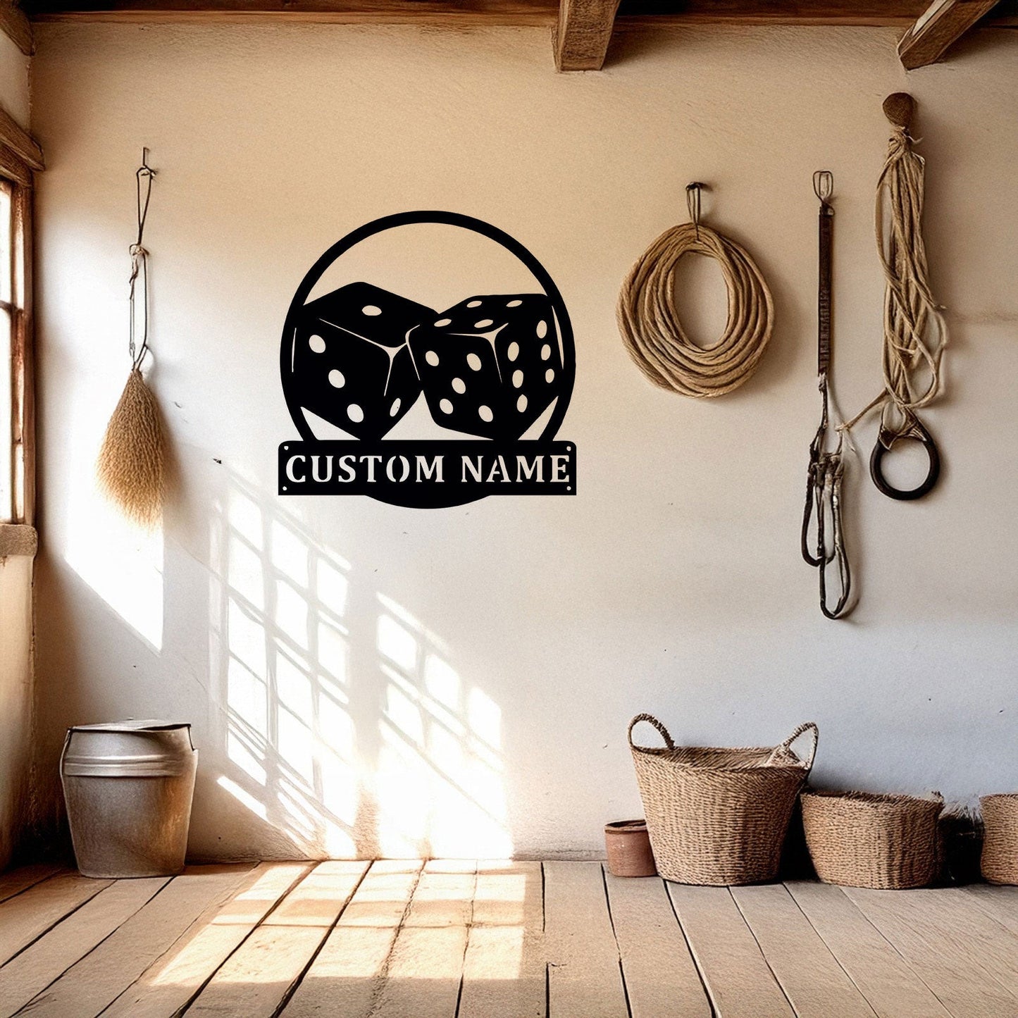 Customizable Dice Laser Cut Metal Wall Art - Black Metal Decor with Custom Name Plate, Perfect Gift for Game Lovers