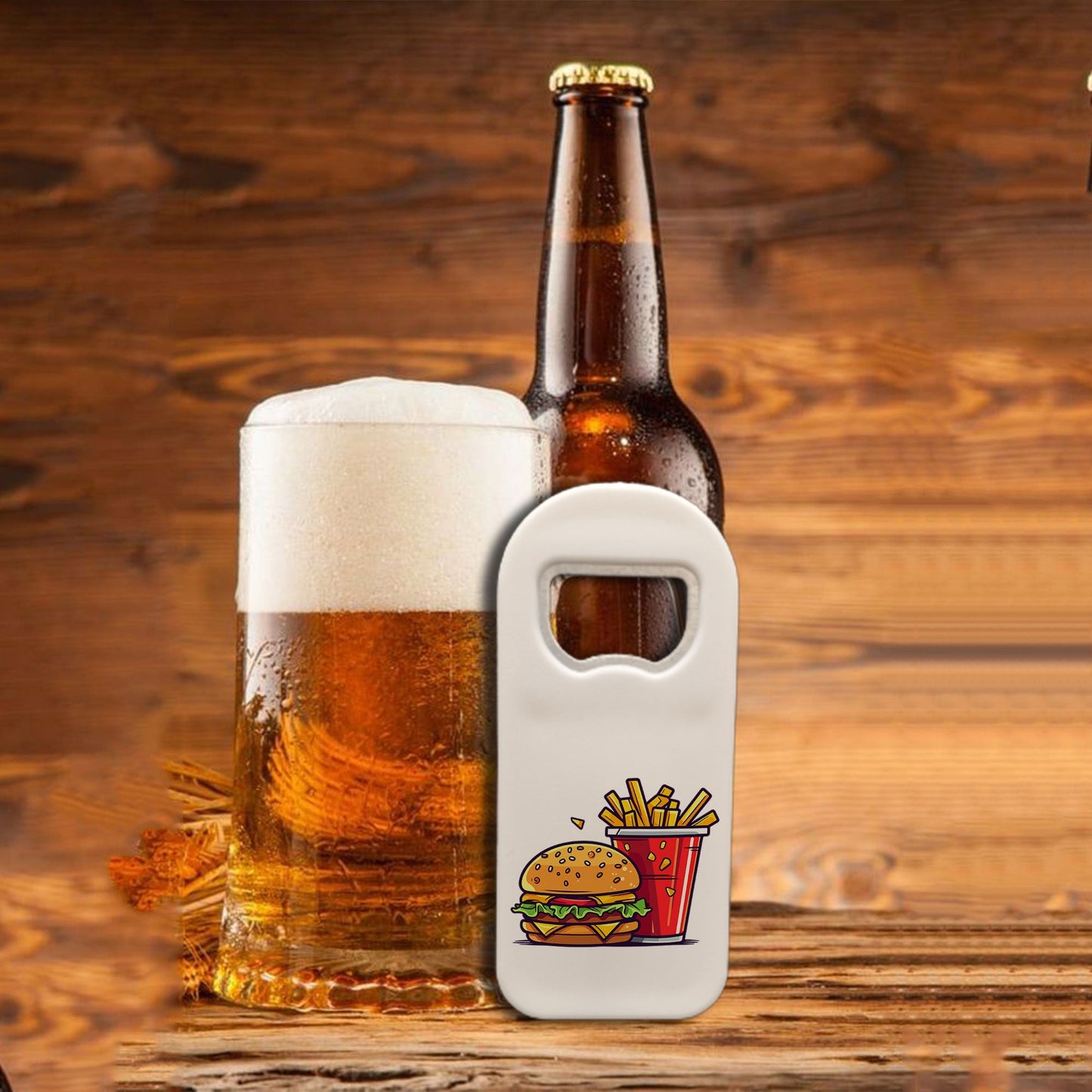 Personalized Bottle Opener Magnet, Fast Food Burger Design, Custom 1.77x4.33 Inch Magnet, Fun Gift for Foodies, Kitchen or Bar Accessory