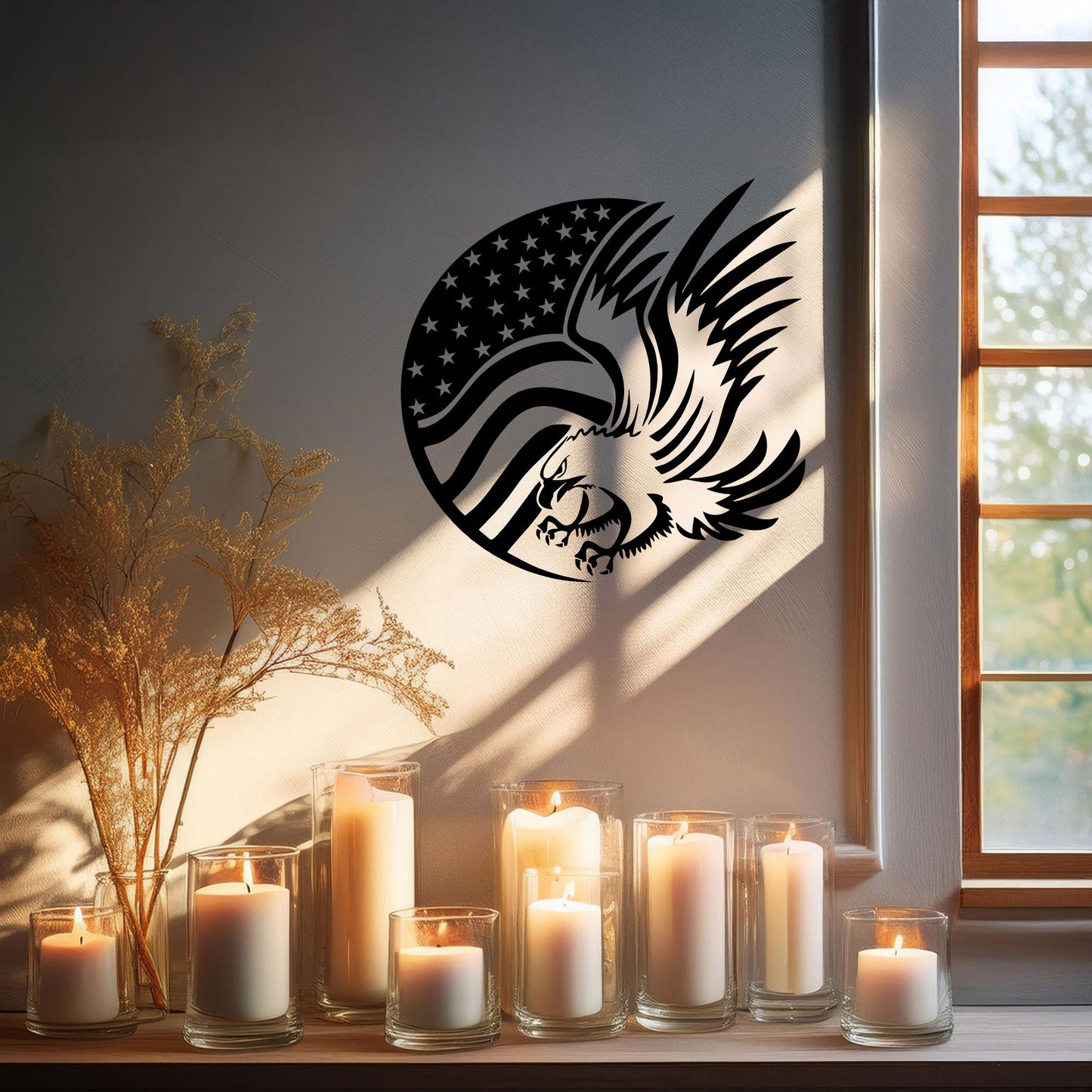 Laser Cut Metal Wall Decor, American Flag and Eagle Design, Black Patriotic Wall Art, USA Decor Gift, Rustic Home Accent, Veteran Room Decor