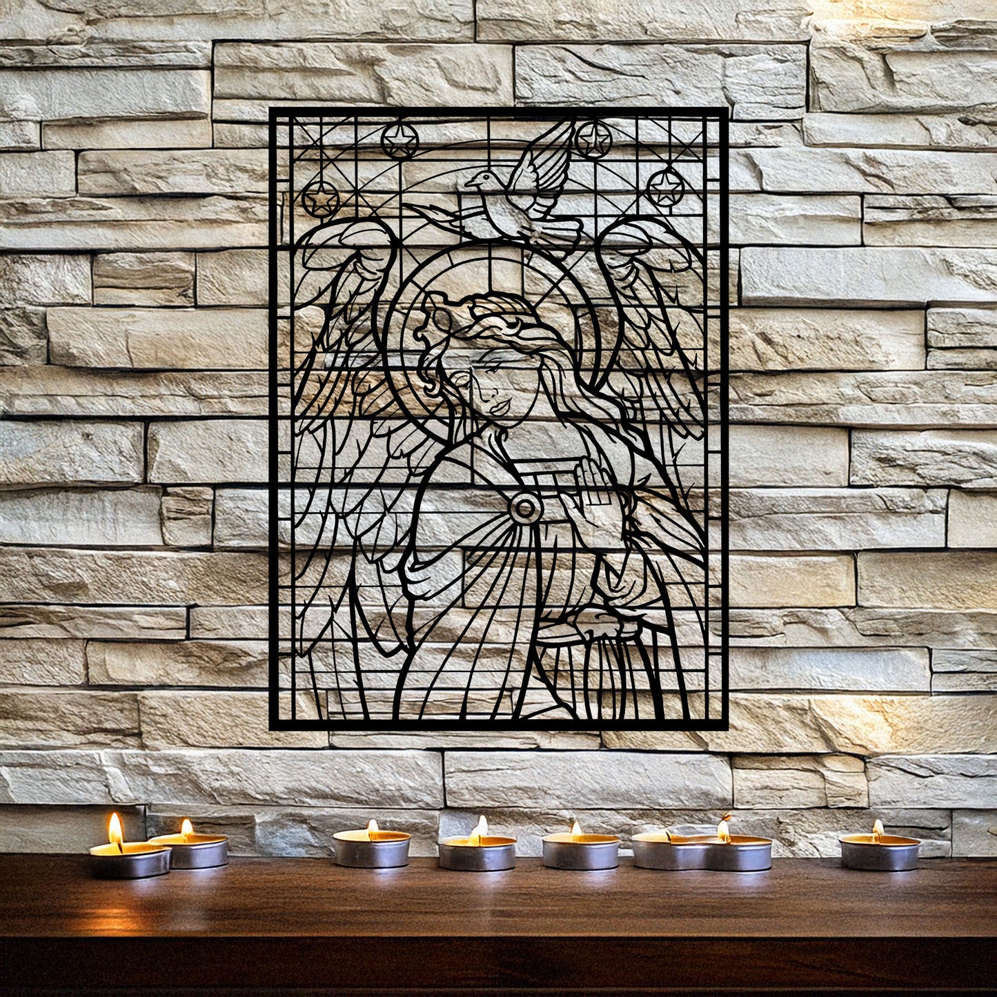 Laser Cut Metal Wall Decor, Angel Stained Glass Design, Black Metal Wall Art, Religious Home Decor, Spiritual Wall Accent, Gift for Faithful