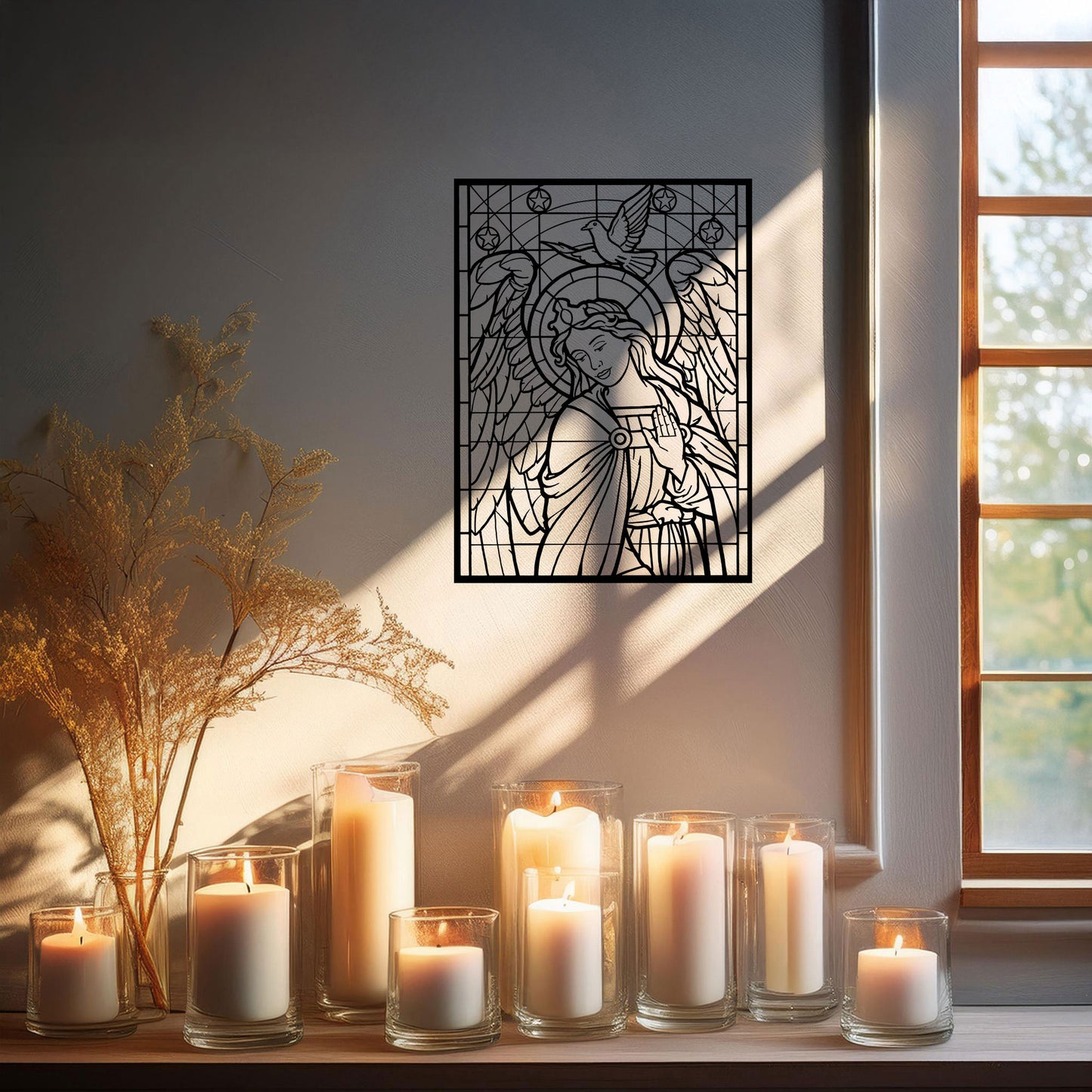 Laser Cut Metal Wall Decor, Angel Stained Glass Design, Black Metal Wall Art, Religious Home Decor, Spiritual Wall Accent, Gift for Faithful