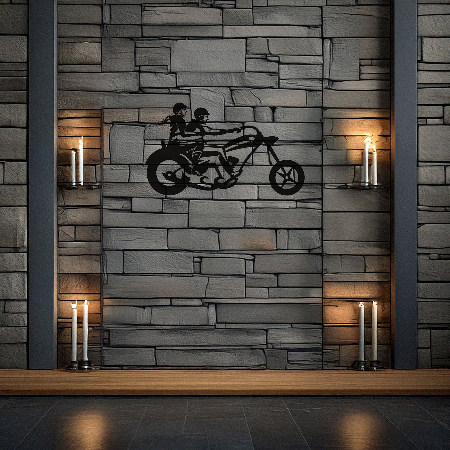 Laser Cut Metal Wall Decor, Motorcycle Chopper Couple Ride Design, Black Biker Wall Art, Garage Decor Accent, Matte Black Wall Art, Gift for Bikers
