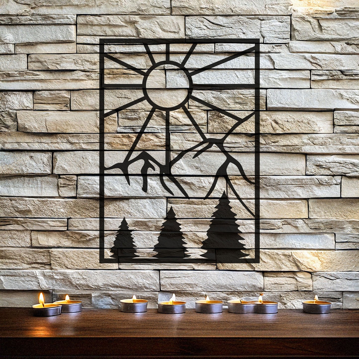 Laser Cut Metal Wall Decor, Sun and Mountain Design, Matte Black Rustic Wall Art, Nature-Inspired Metal Artwork, Outdoor Lover Gift