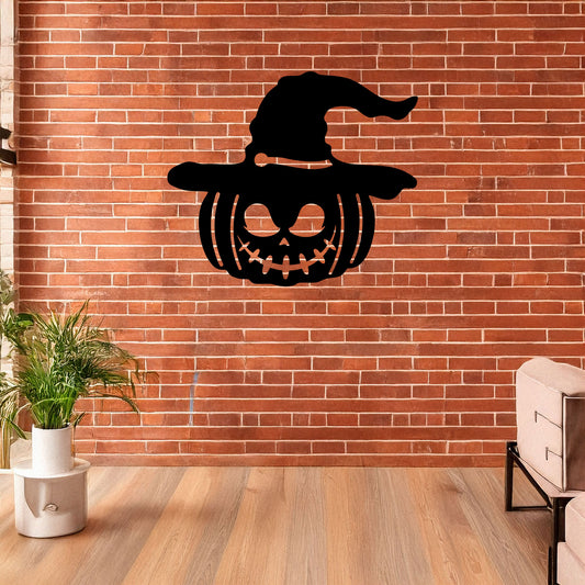 Halloween Pumpkin Metal Wall Decor, Black Laser Cut Pumpkin with Witch Hat, Spooky Halloween Wall Art, 3 Sizes