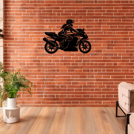 Moto Girl Silhouette Laser Cut Metal Wall Art - Black Modern Motorcycle Decor - 3 Sizes for Stylish Home or Gift